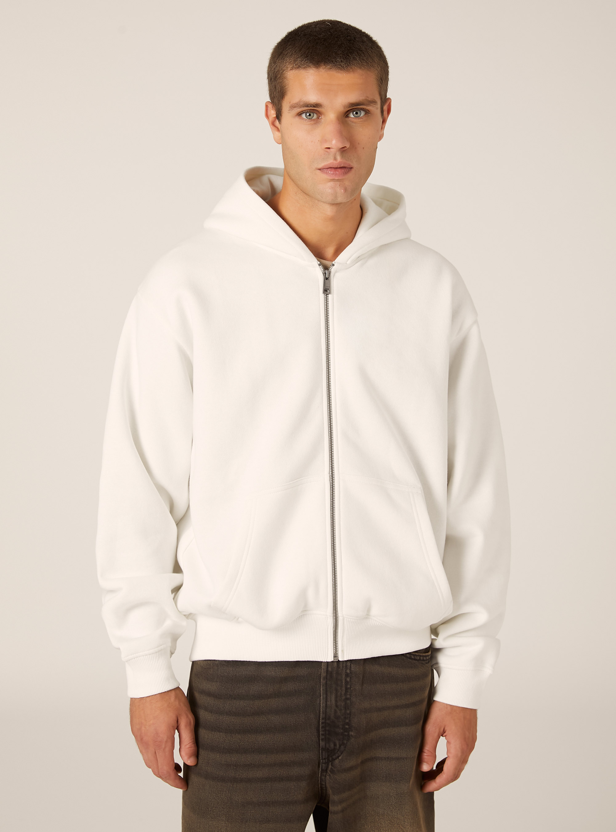 Sweat-shirt zipp&eacute; &agrave; capuche coupe boxy, WH2 WHITE