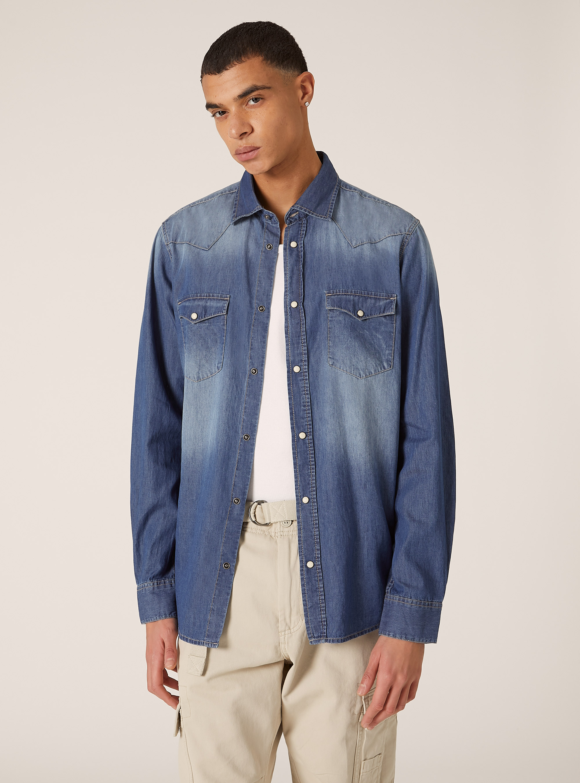 Camicia in denim basica, D003 MEDIUM BLUE