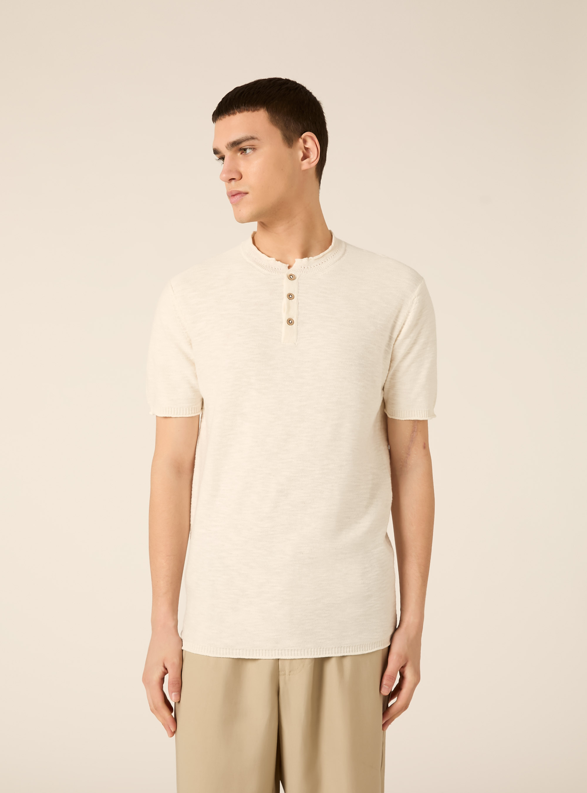 Short Sleeve Henley Pullover, WH1 OFF WHITE