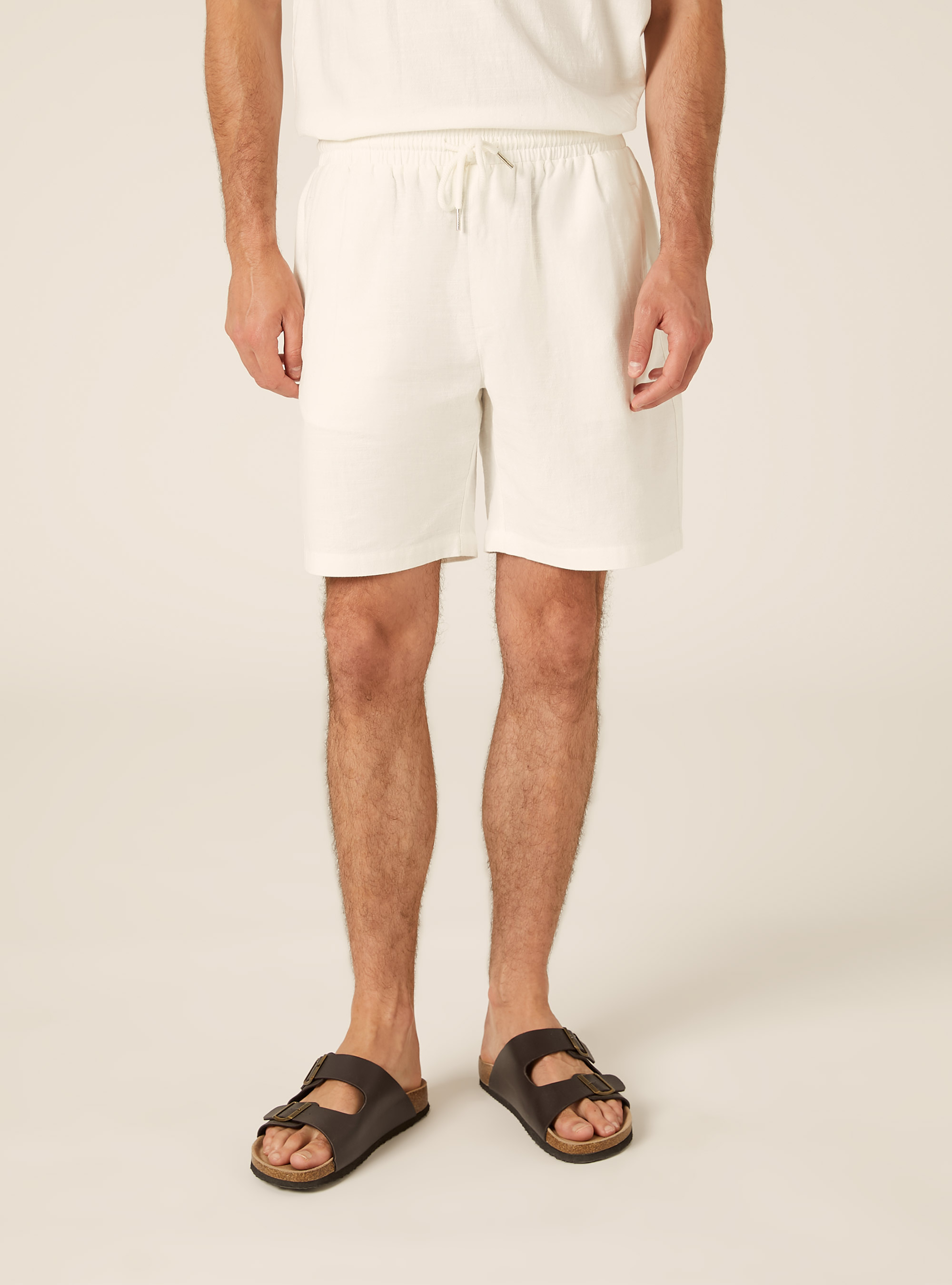 Bermuda in misto lino con laccio in vita, OFF WHITE