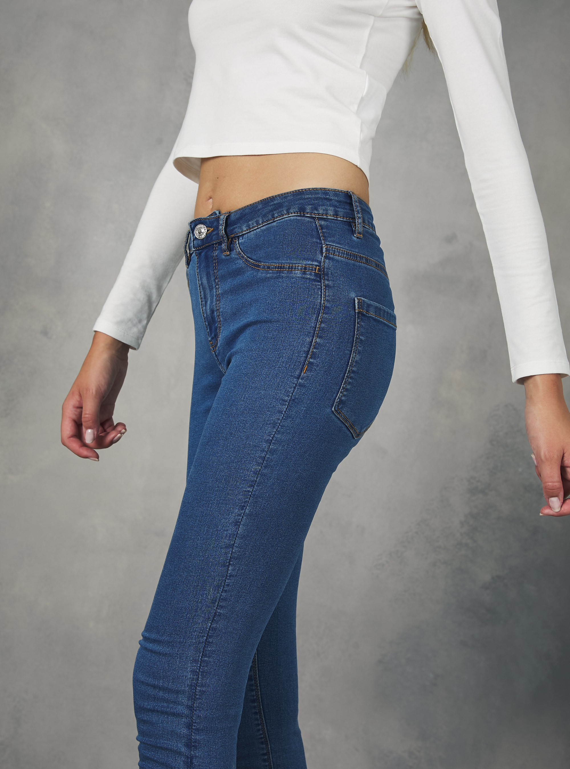 Jean super skinny taille haute en denim stretch, D003 MEDIUM BLUE