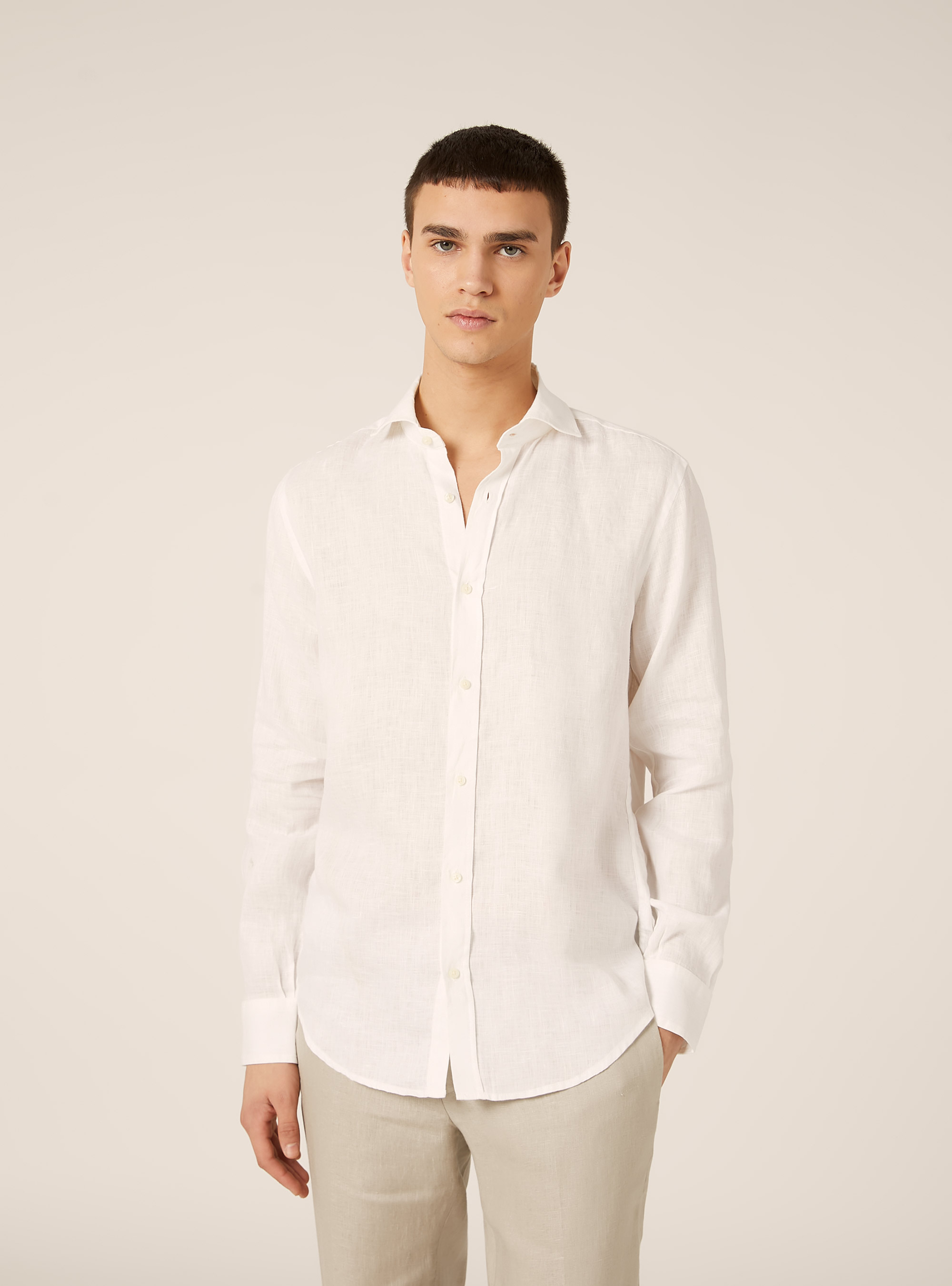 Camisa de lino puro de manga larga, WH3 WHITE