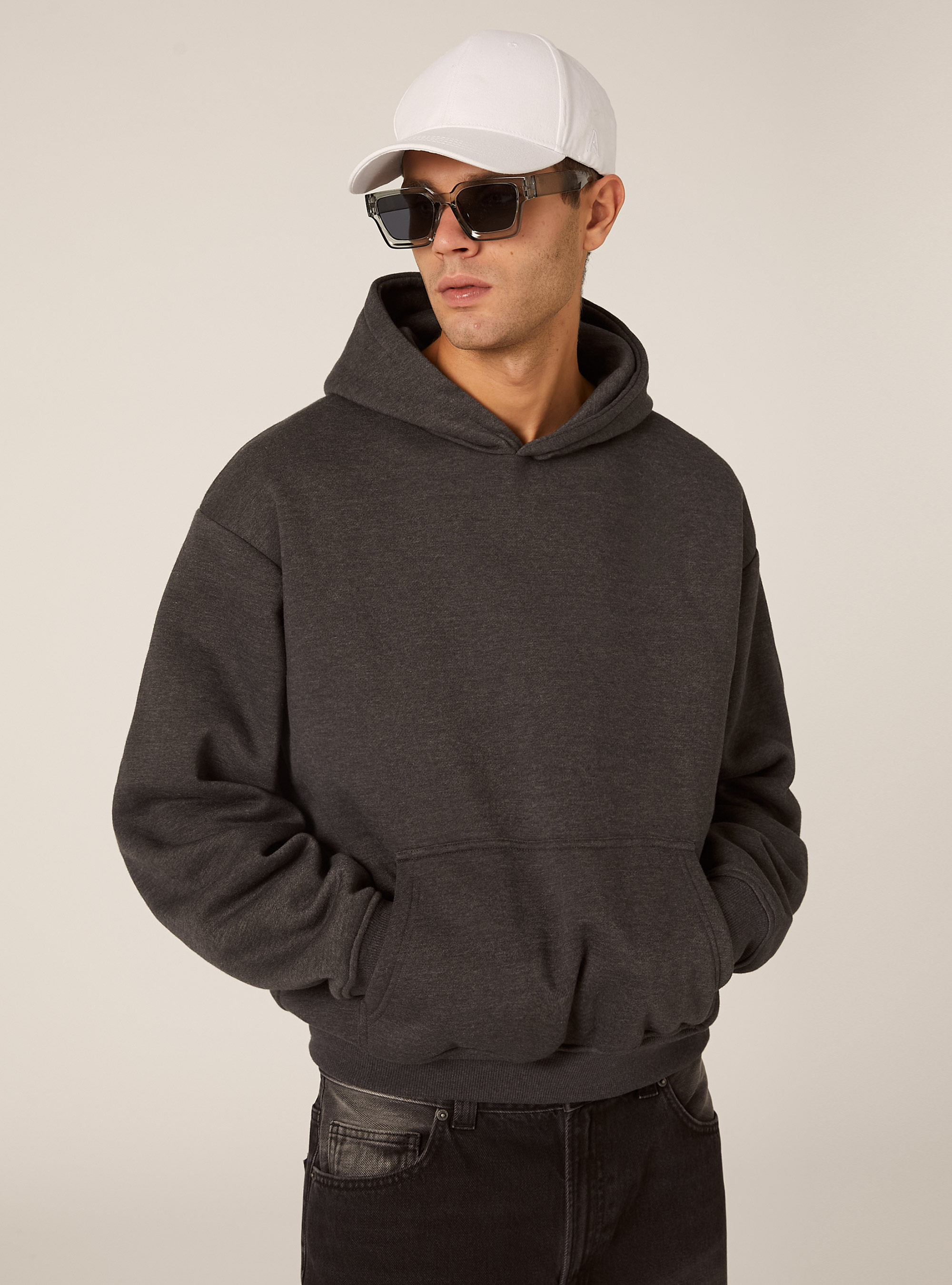 Sweat &agrave; capuche coupe boxy, MGY1 GREY MEL DARK