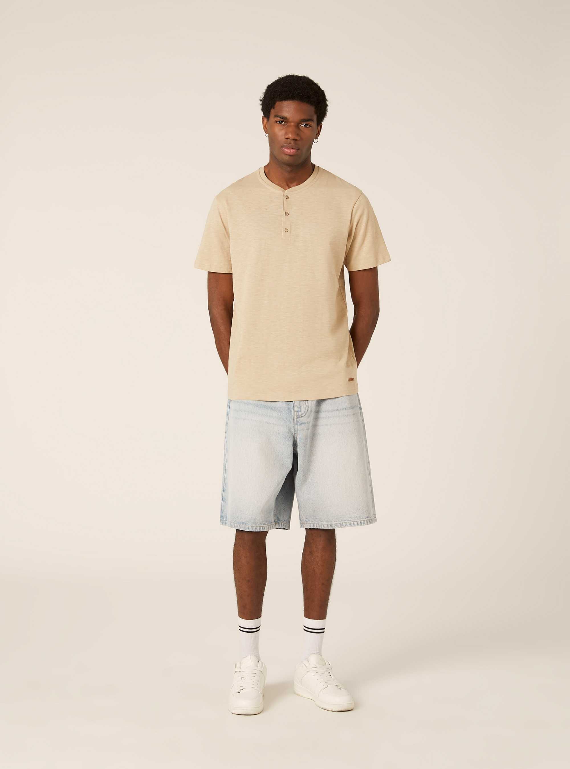 Baumwoll-T-Shirt mit Henley-Ausschnitt, BG2 BEIGE MEDIUM