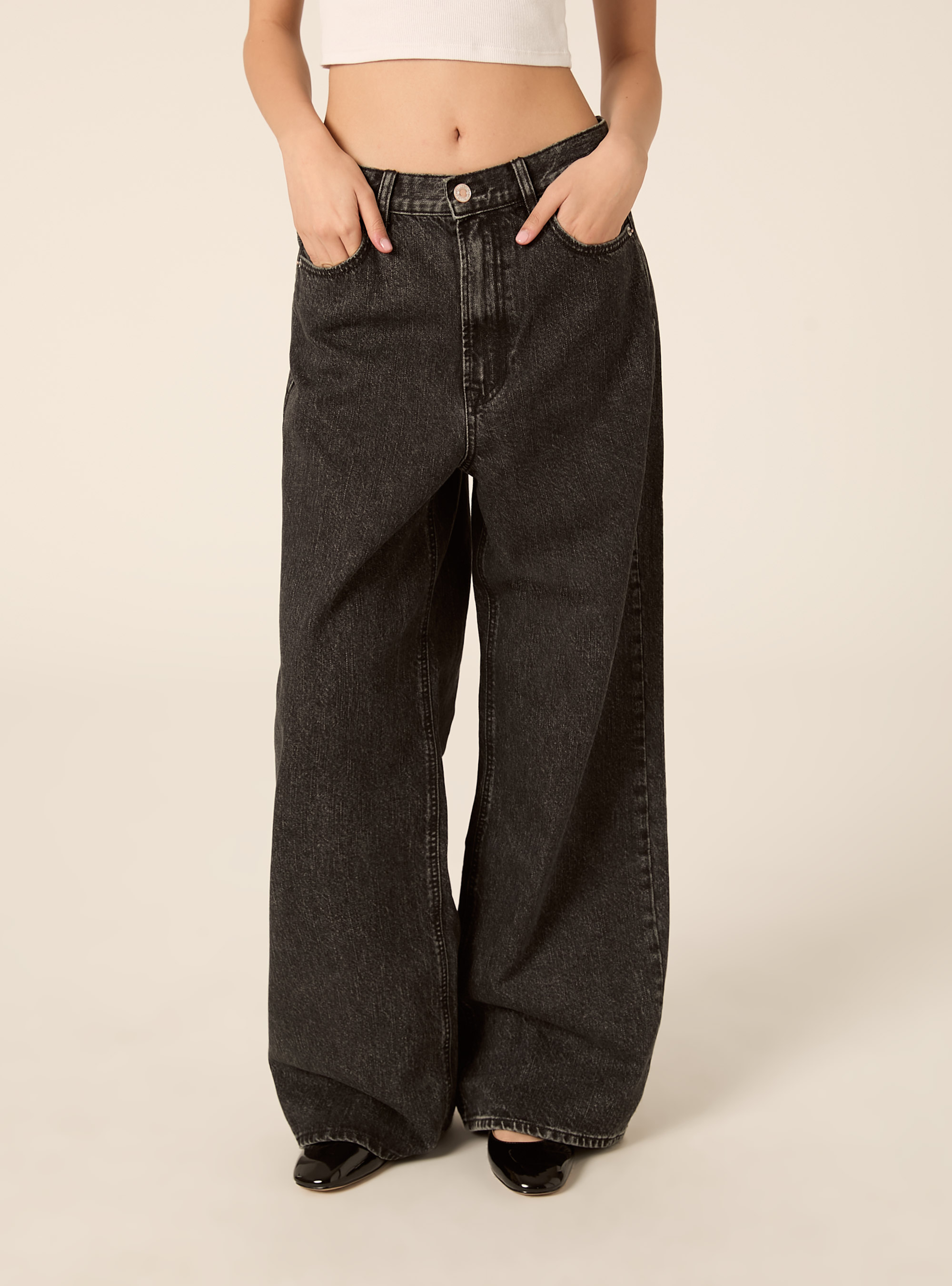Jeans wide leg a vita media, D000 BLACK