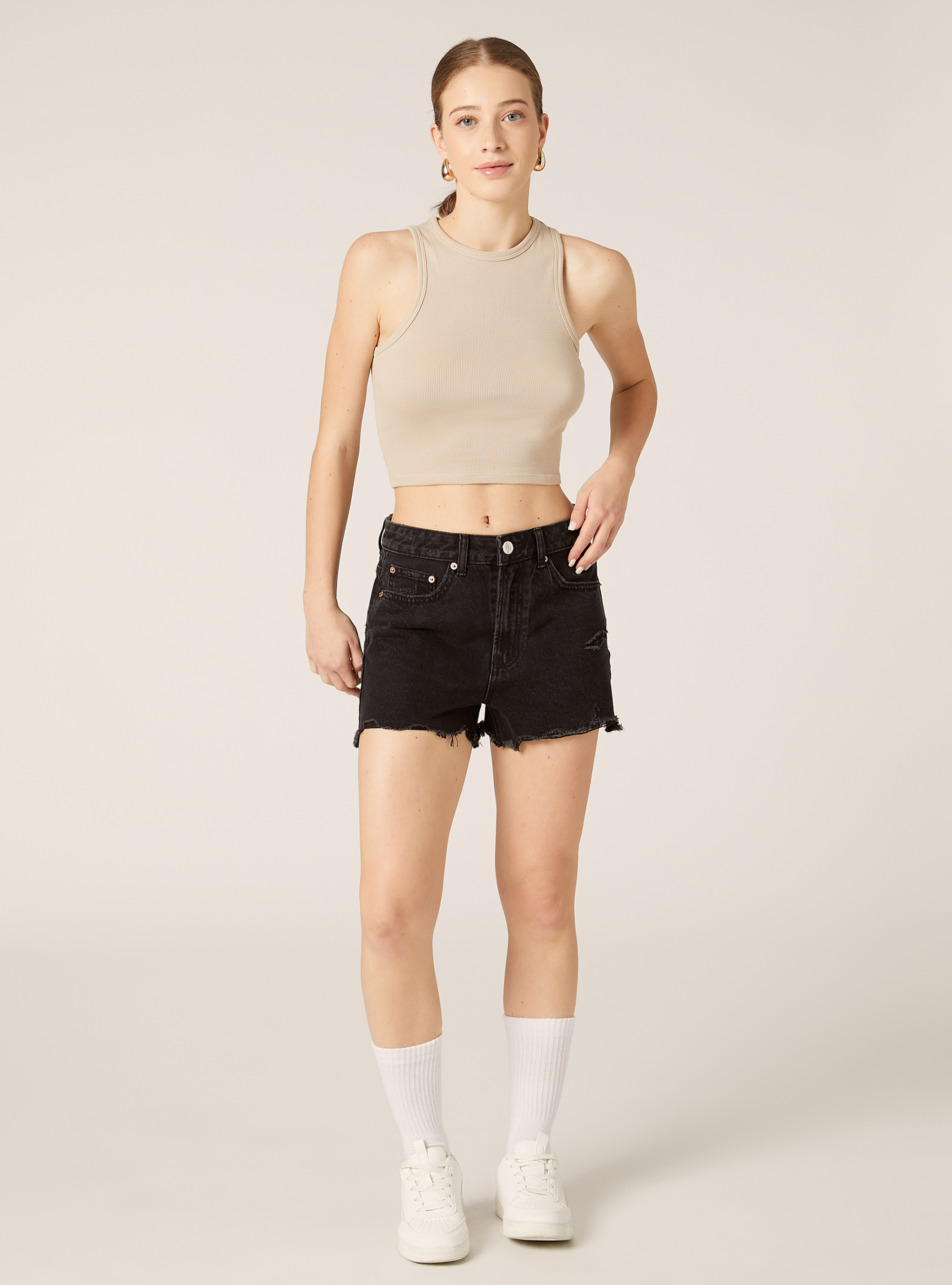 Shorts in denim a vita alta, D000 BLACK