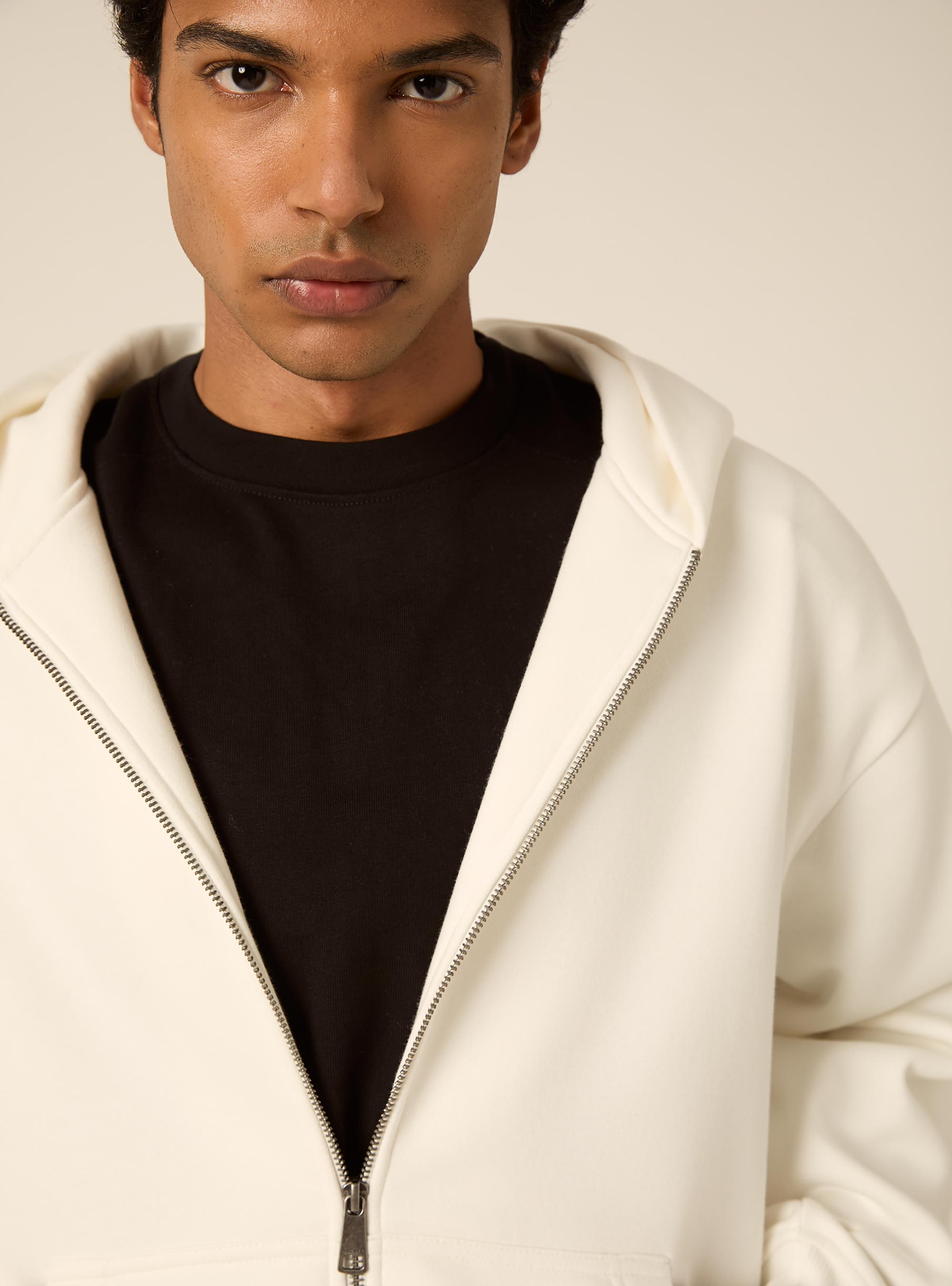 Felpa Boxy fit con zip e cappuccio, PANNA