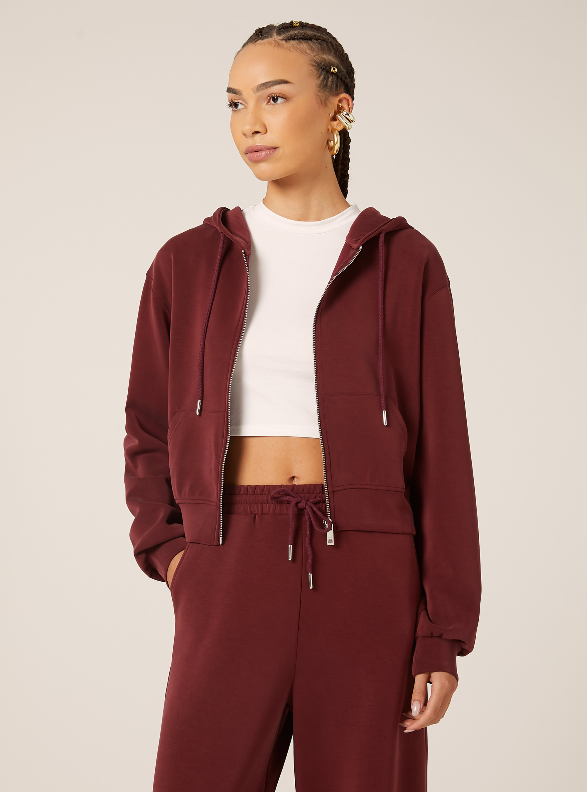 Chaqueta con cremallera y capucha soft touch, BO1 BORDEAUX DARK