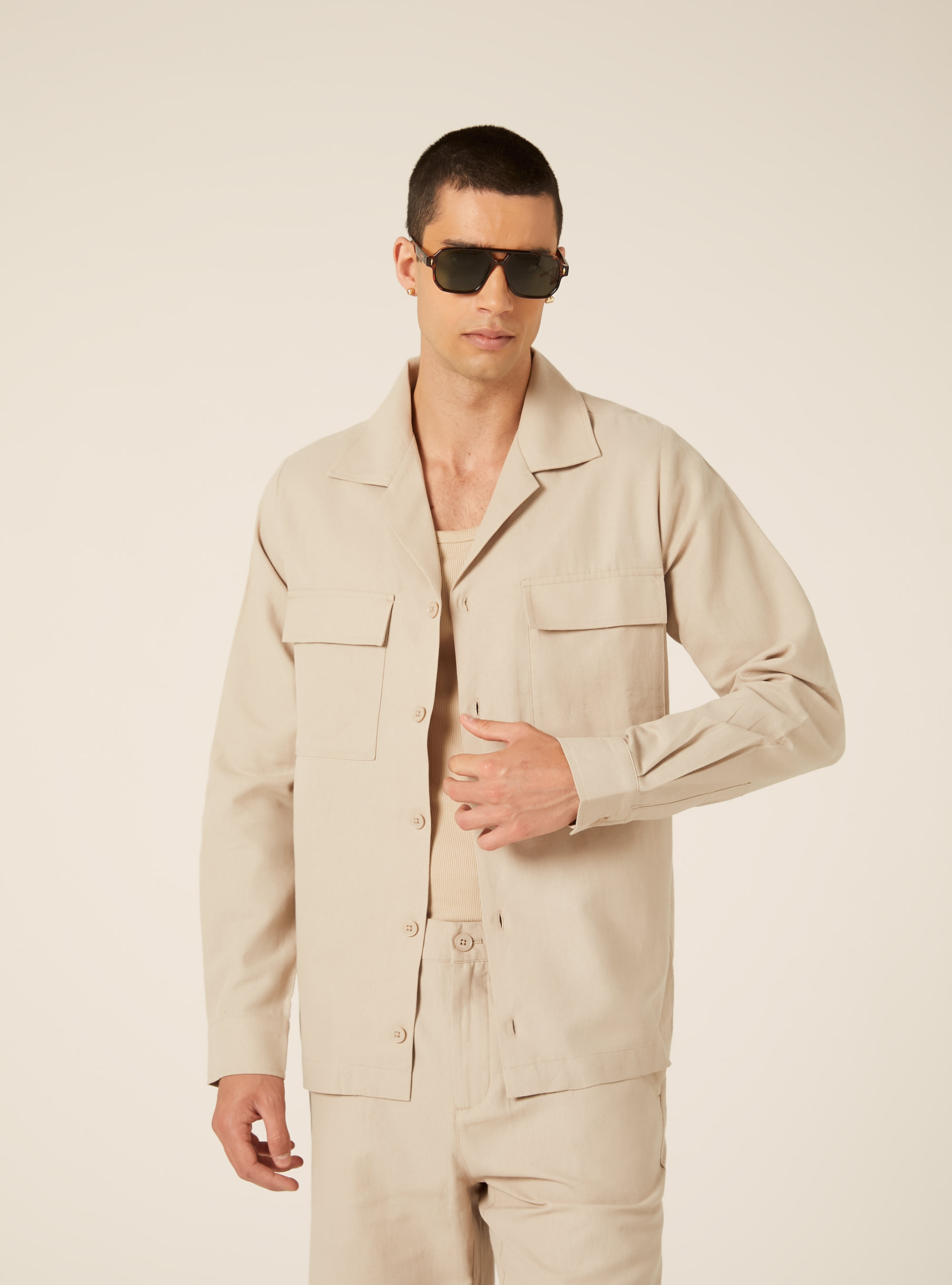 Linen Blend Utility Shirt with Flap Pockets, BG2 BEIGE MEDIUM