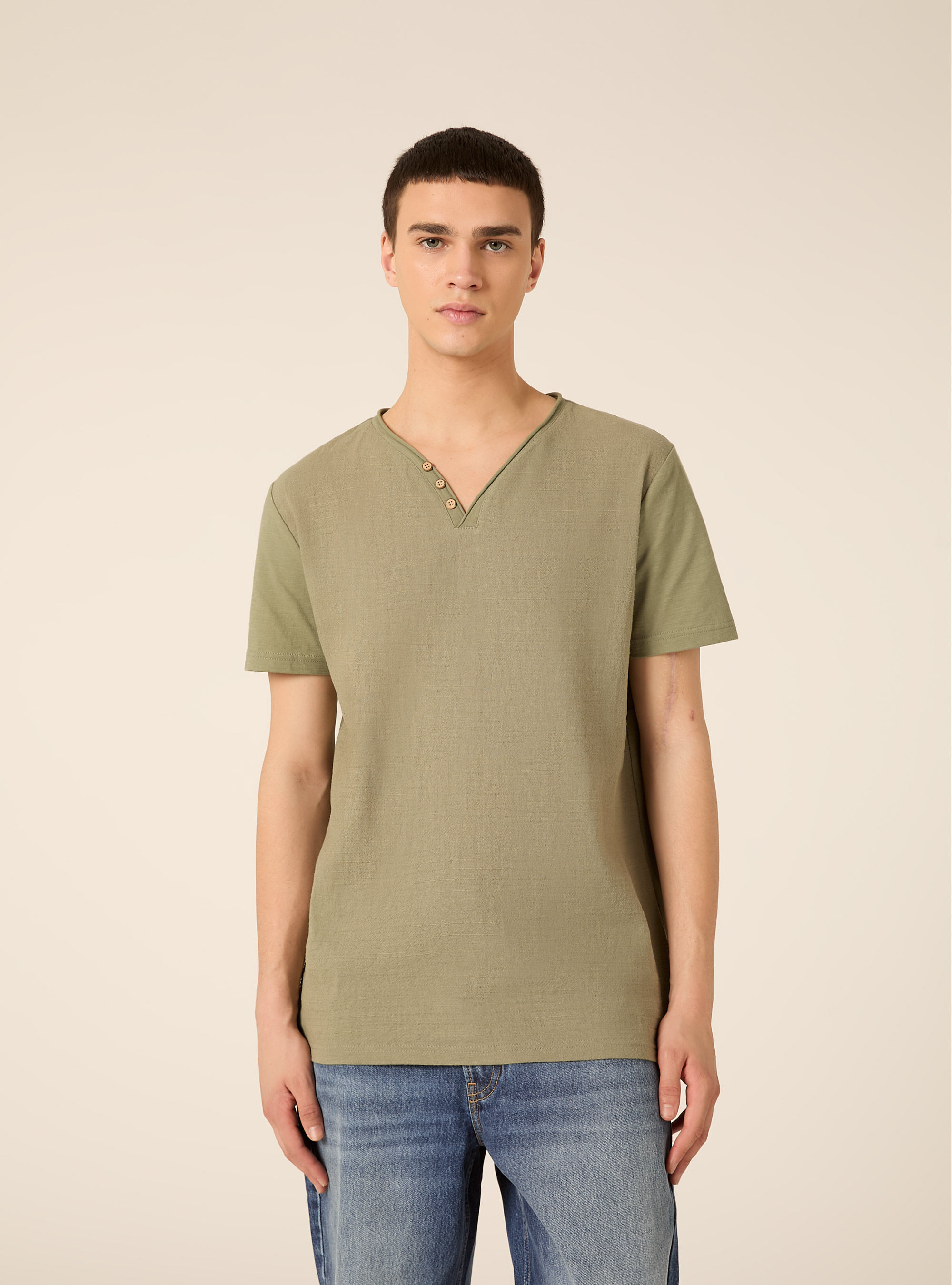 V-neck linen blend T-shirt, KY2 KAKY MEDIUM