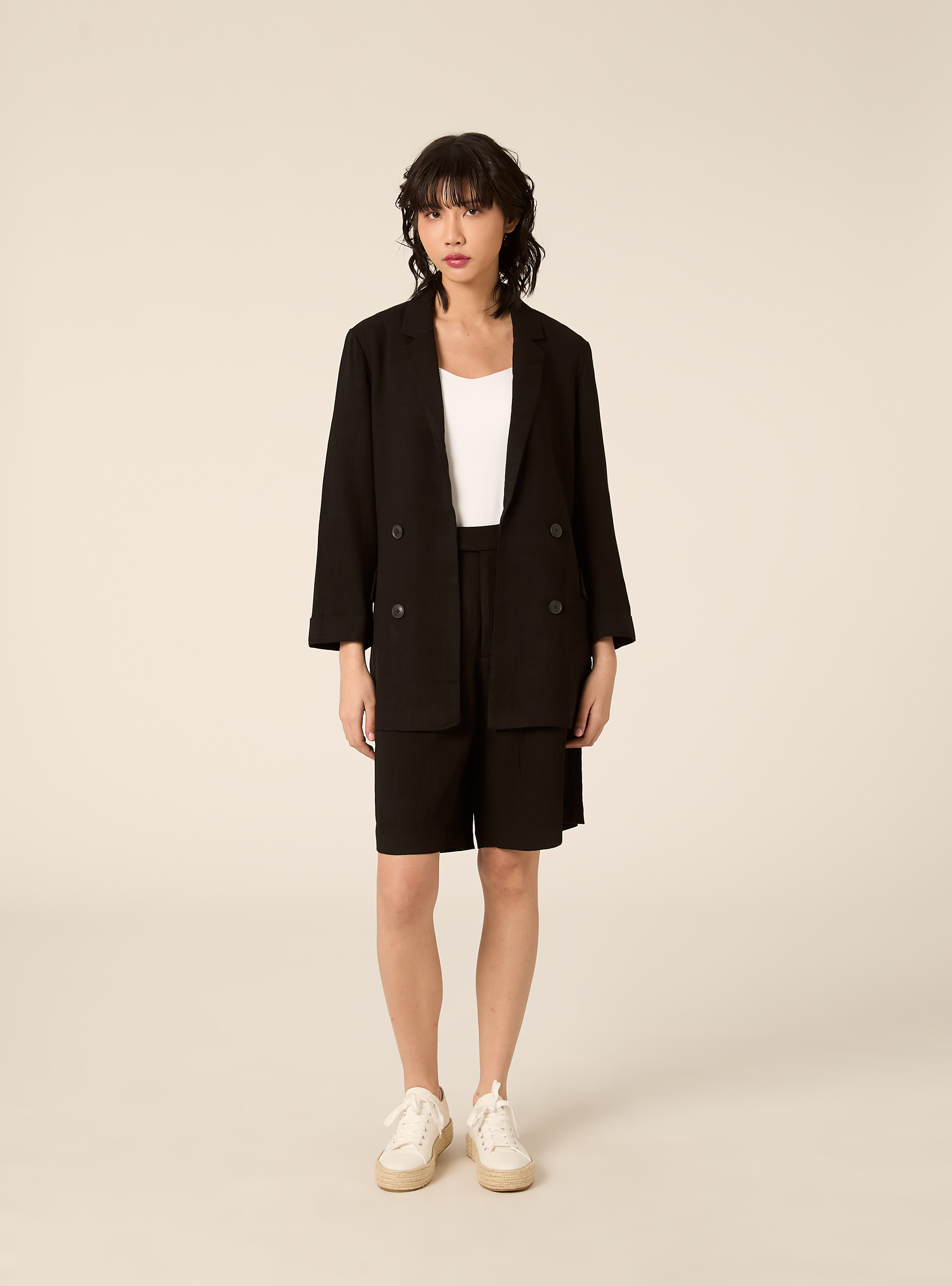 Double-breasted linen-blend blazer, BK1 BLACK