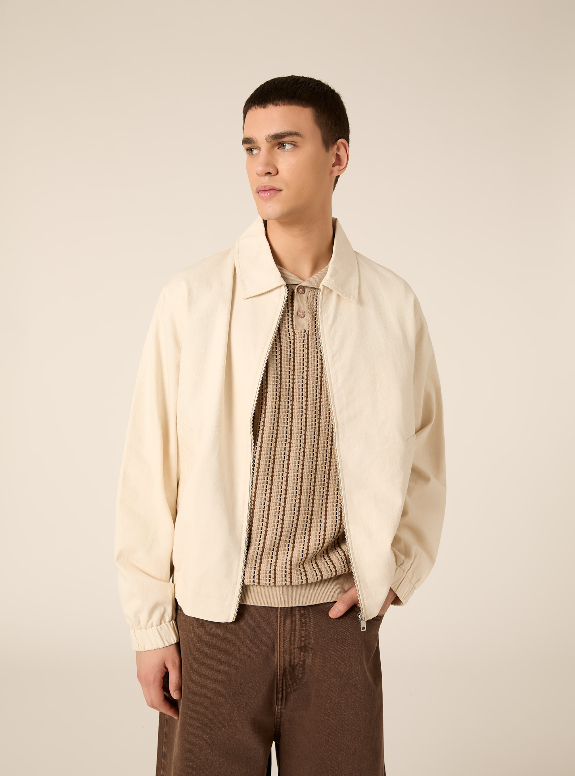 Regular-fit linen bomber jacket, MCR3 CREAM MEL LIGHT