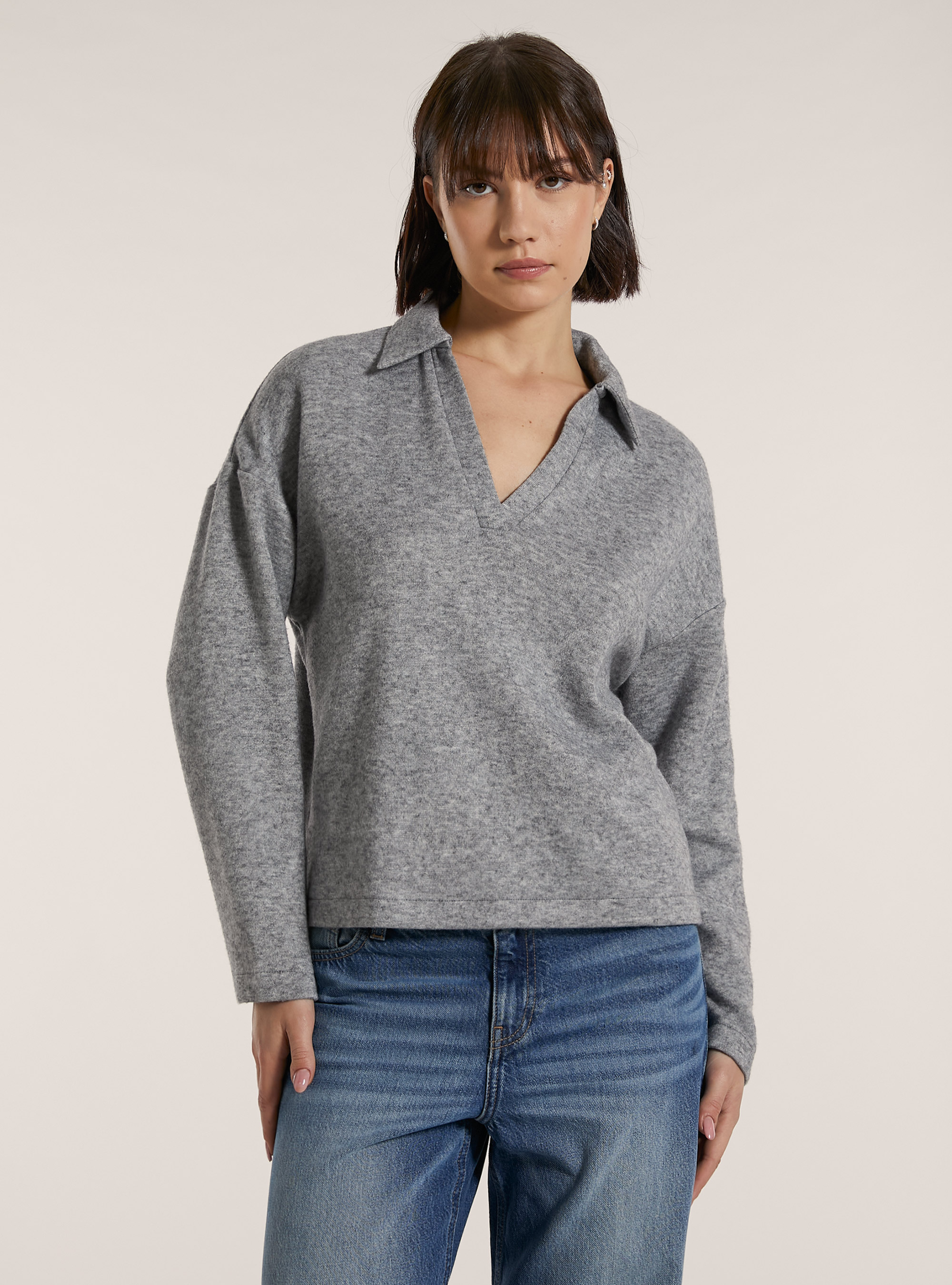 Pull doux au toucher avec col polo, MGY3 GREY MEL LIGHT