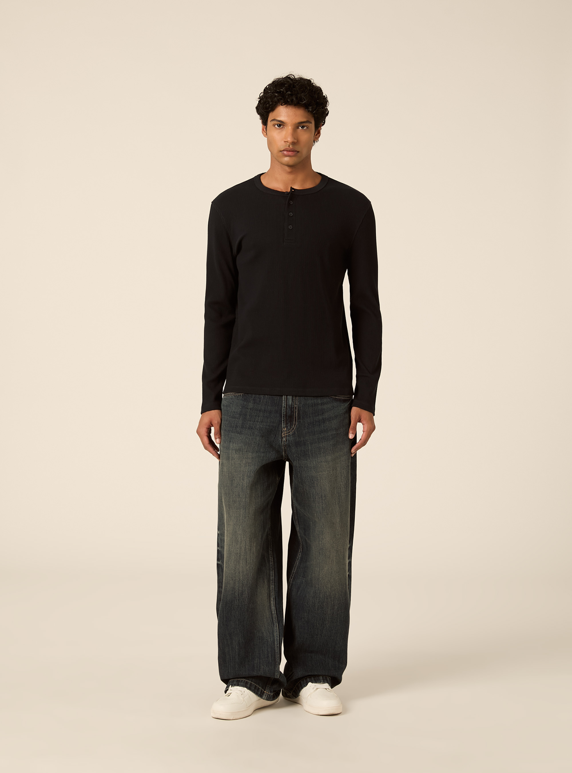 Maglietta henley a maniche lunghe a costine, NAVY SCURO