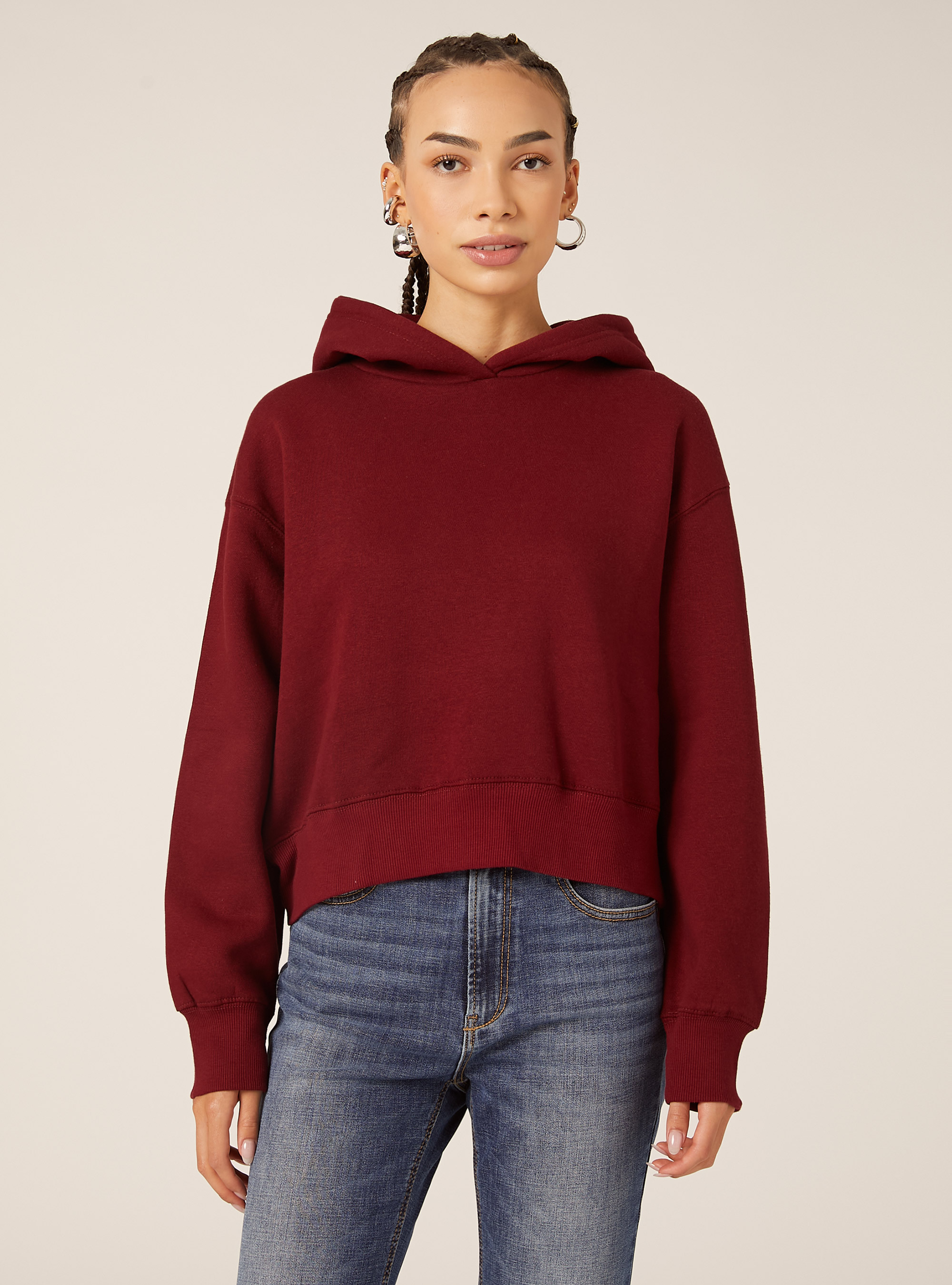 Sweat &agrave; capuche coupe boxy, BO1 BORDEAUX DARK