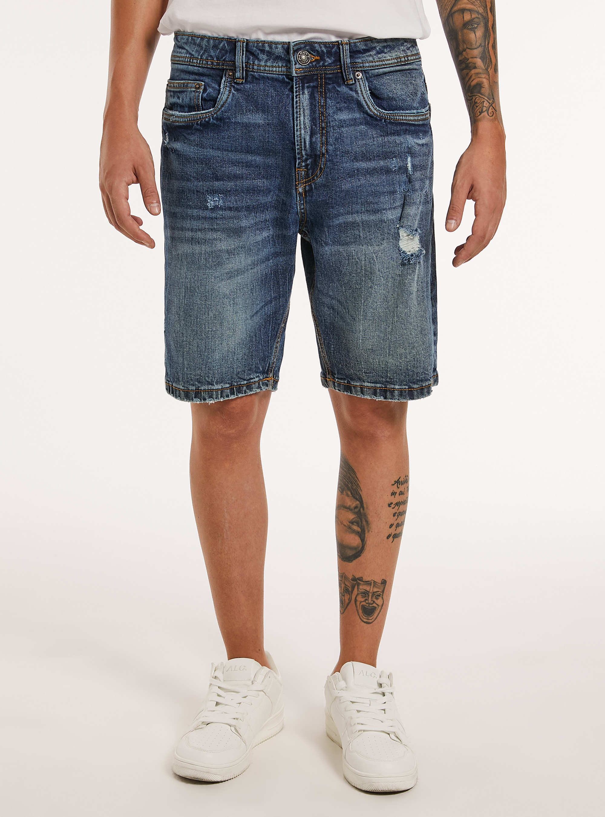 Slim Fit Stretch Denim Bermudas mit Rissen, D001 DEEP BLUE
