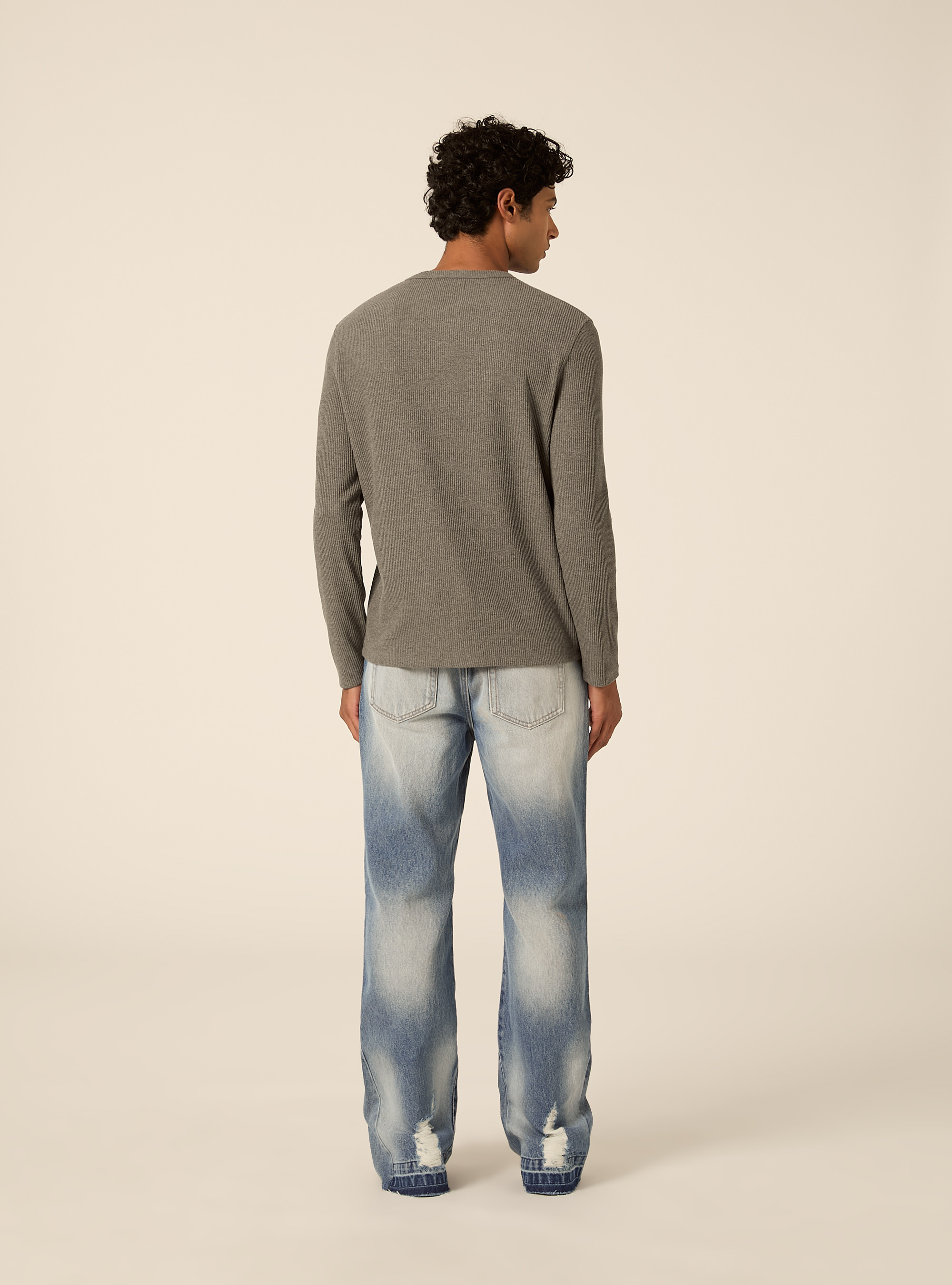 Maglietta henley a maniche lunghe a costine, GRIGIO SCURO MELANGE