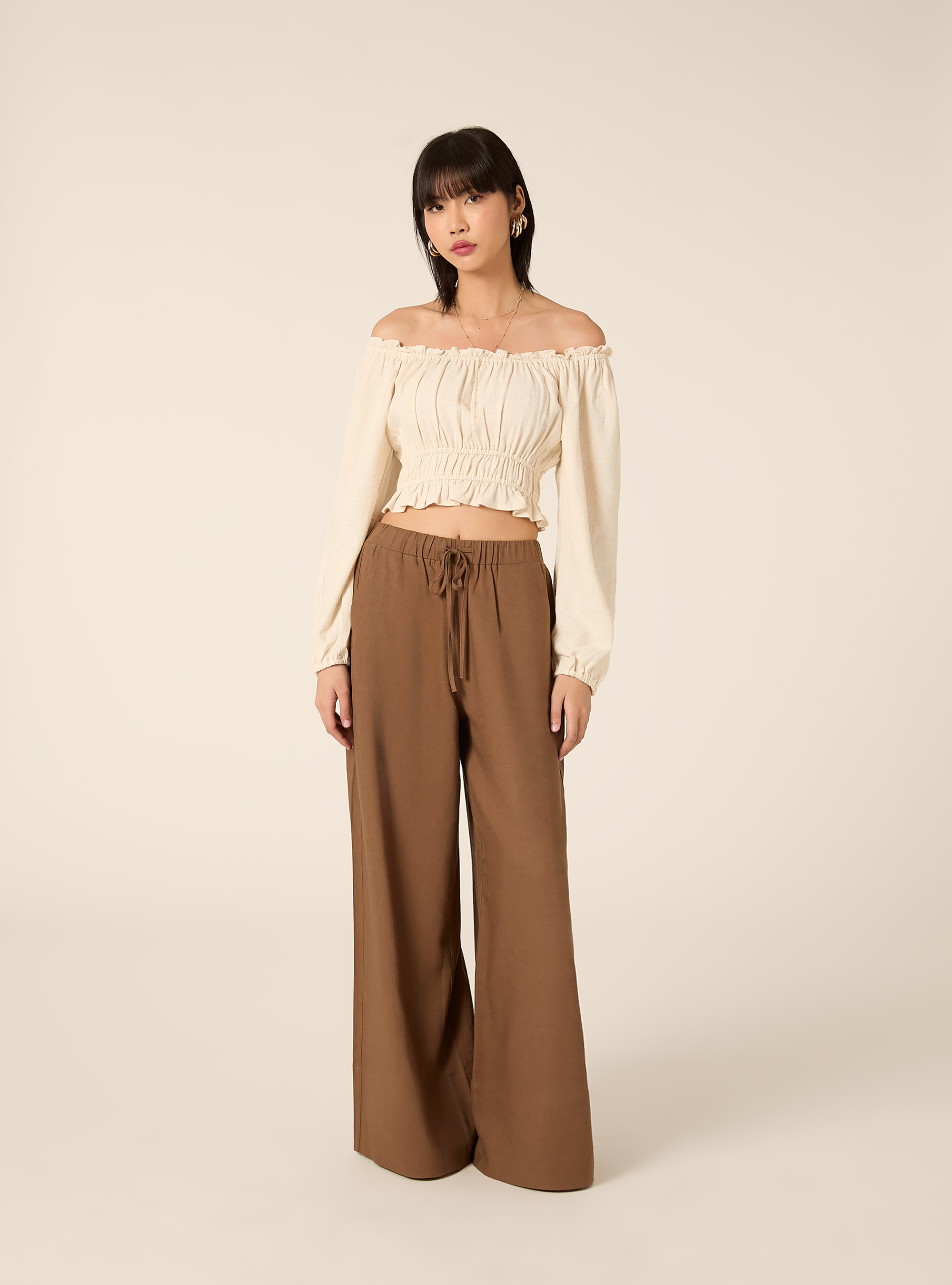 Blusa boho de mezcla de lino, MBG3 BEIGE MEL LIGHT