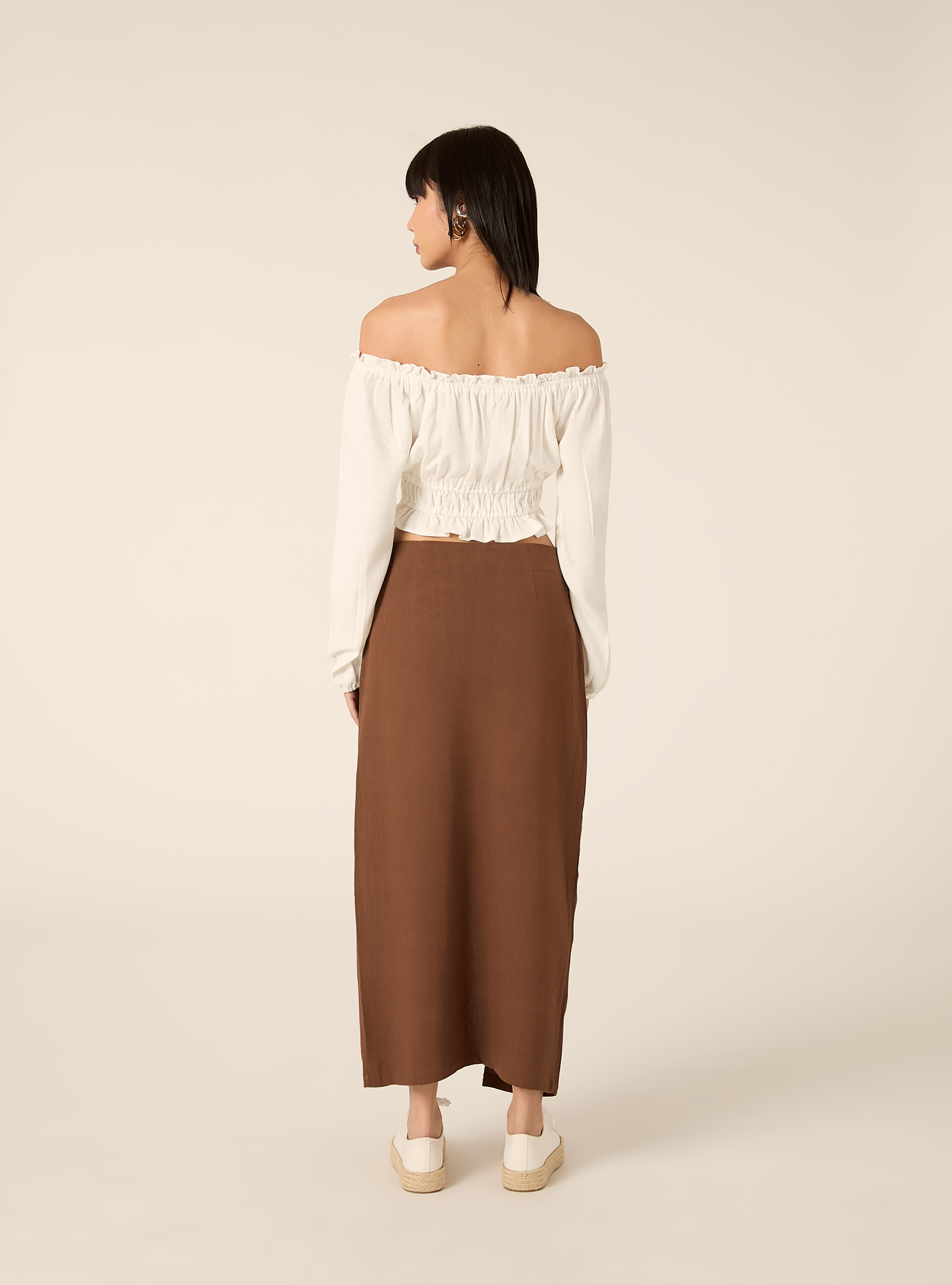 Falda midi asim&eacute;trica en mezcla de lino, BR2 BROWN MEDIUM