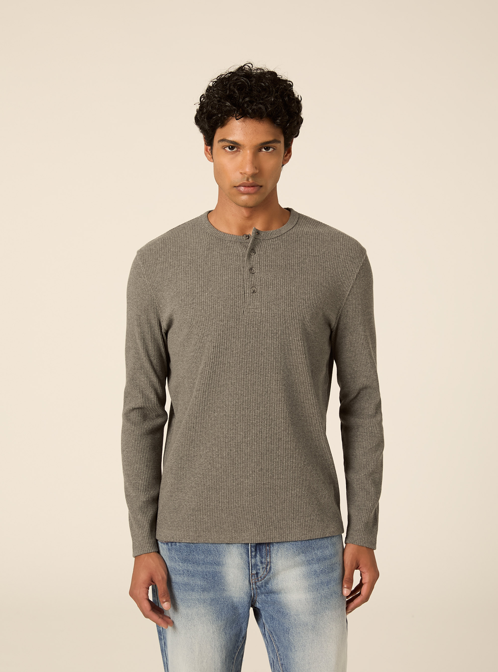 Maglietta henley a maniche lunghe a costine, GRIGIO SCURO MELANGE