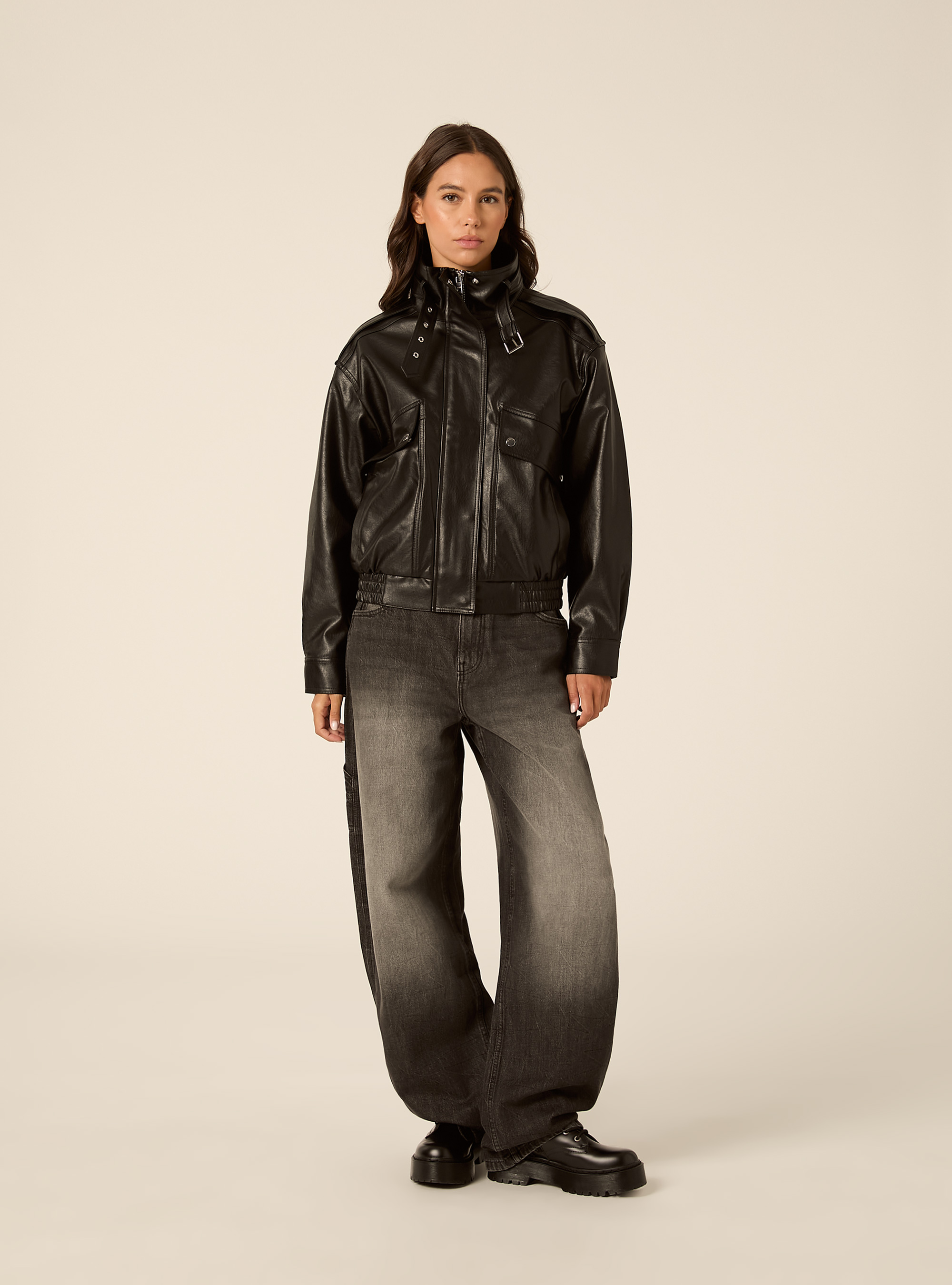 Faux leather bomber jacket with high neck and buckle, BK1 BLACK