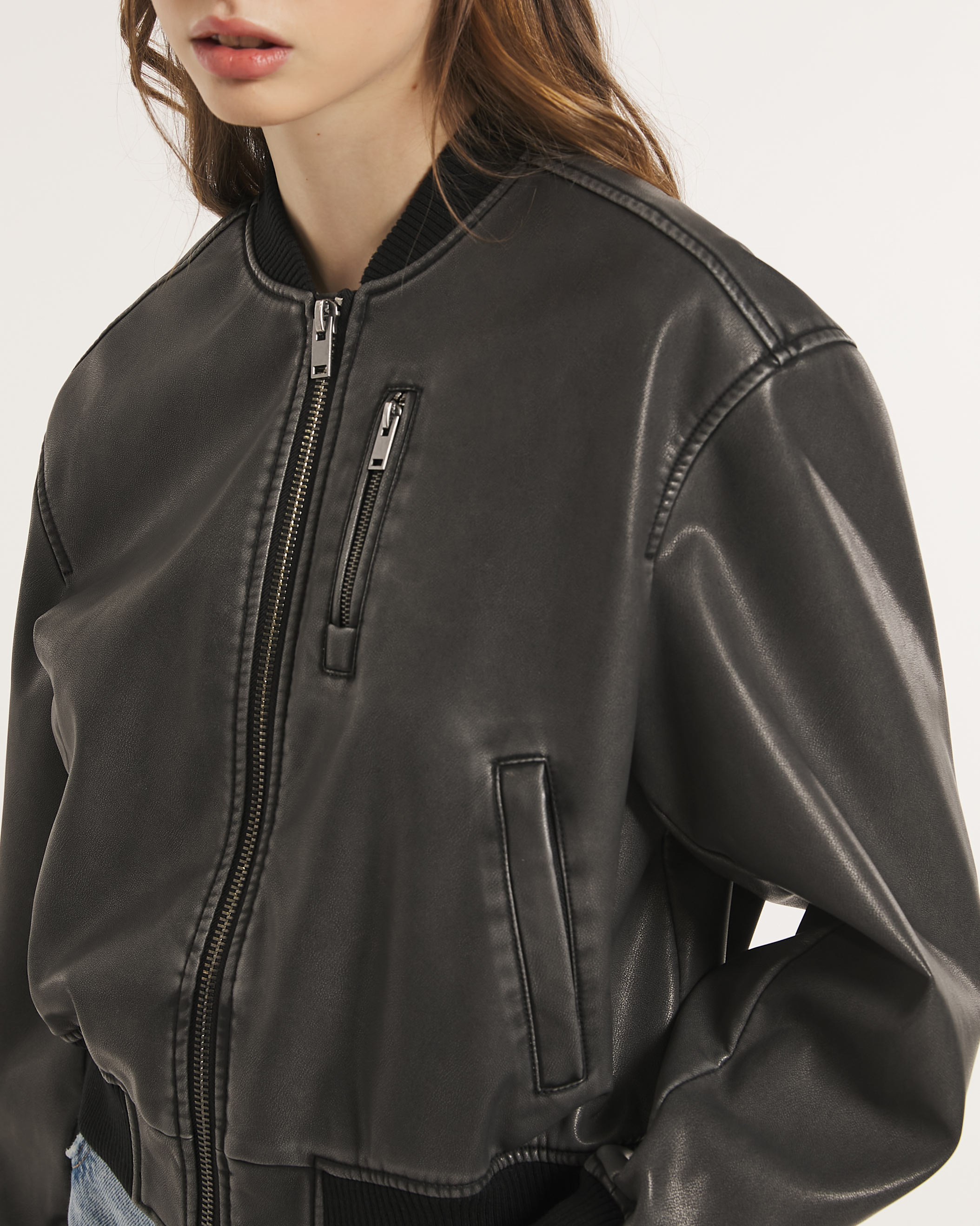 Blouson bombardier effet cuir port&eacute;, BK3 BLACK CHARCOAL