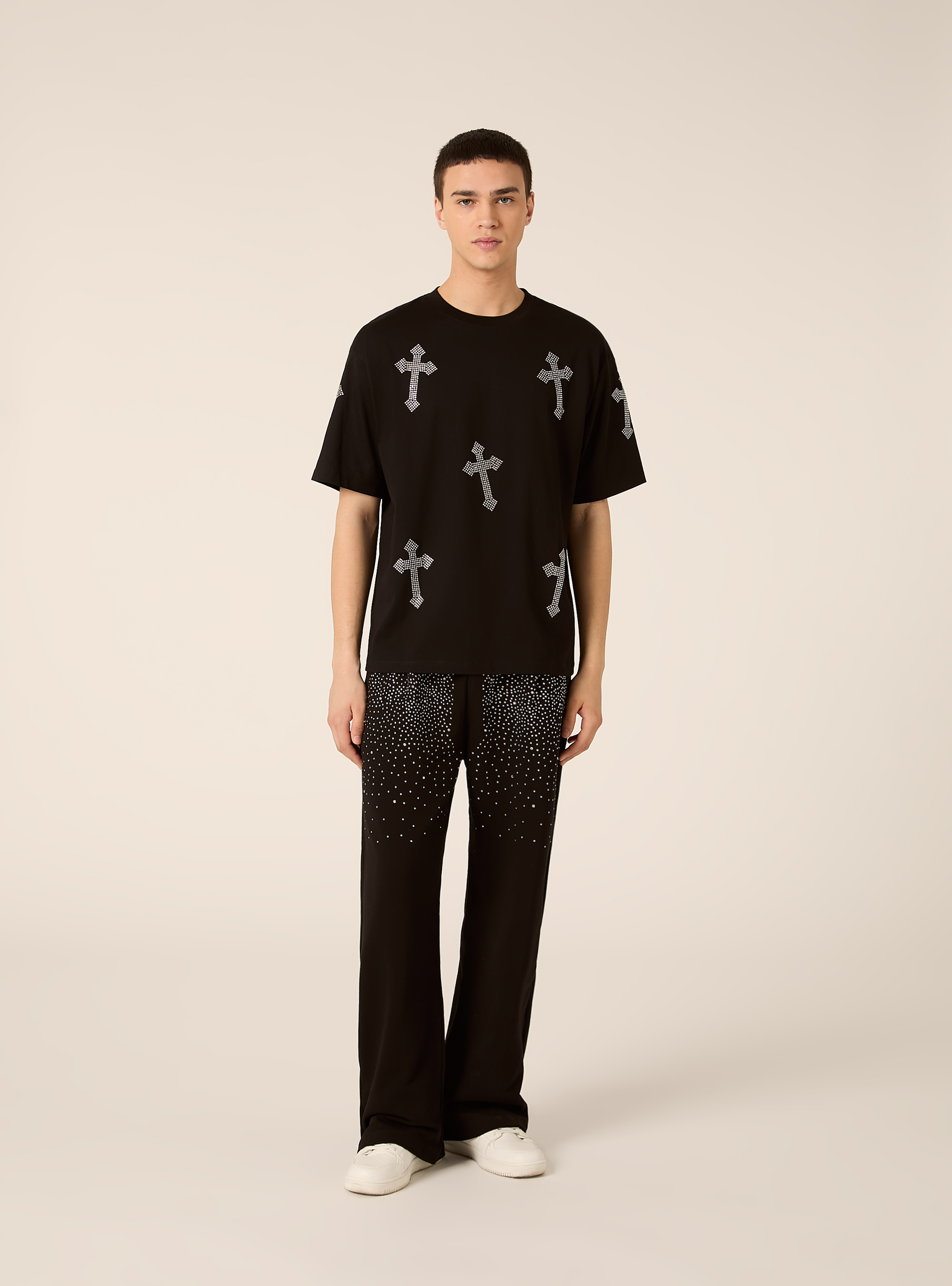 Maglietta boxy fit con strass, NERO