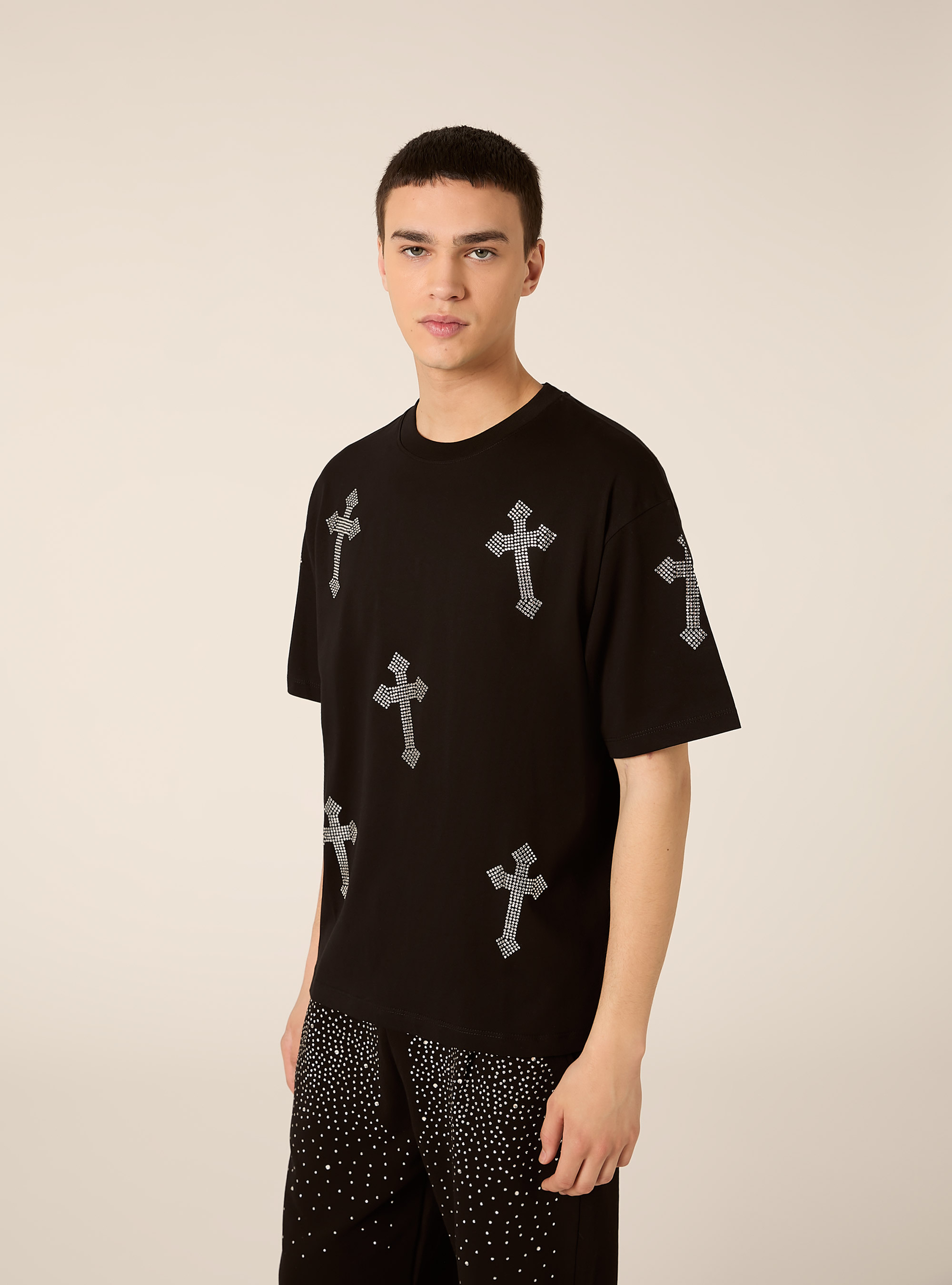 Maglietta boxy fit con strass, NERO