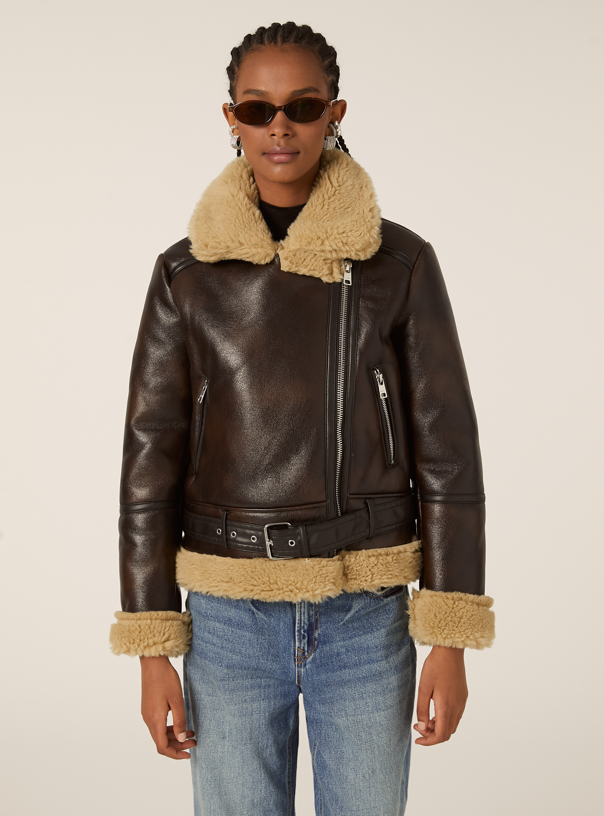 Veste en peau de mouton effet daim, BR1 BROWN DARK