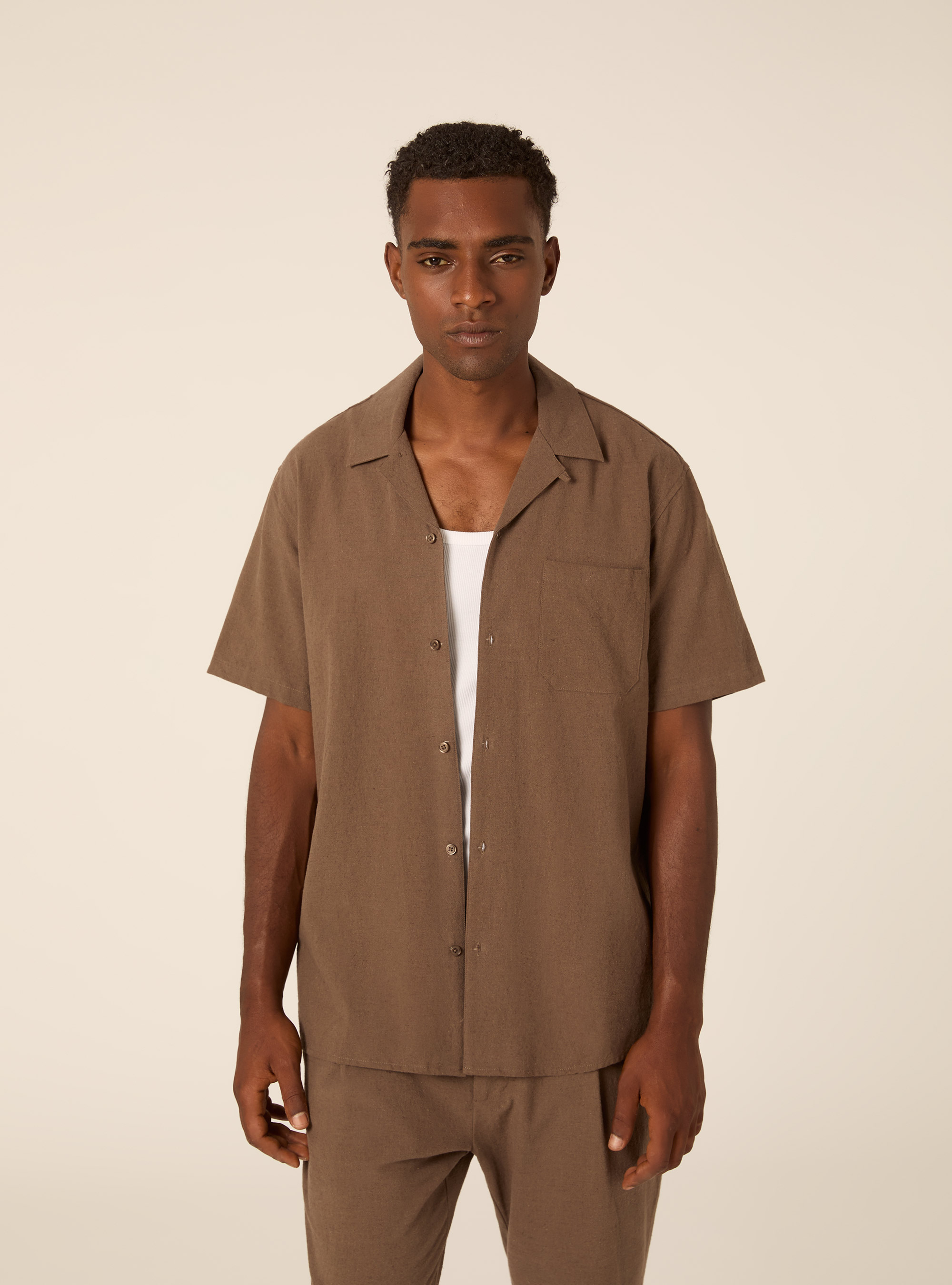 Linen Blend Bowling Shirt, MBR2 BROWN MEL MED