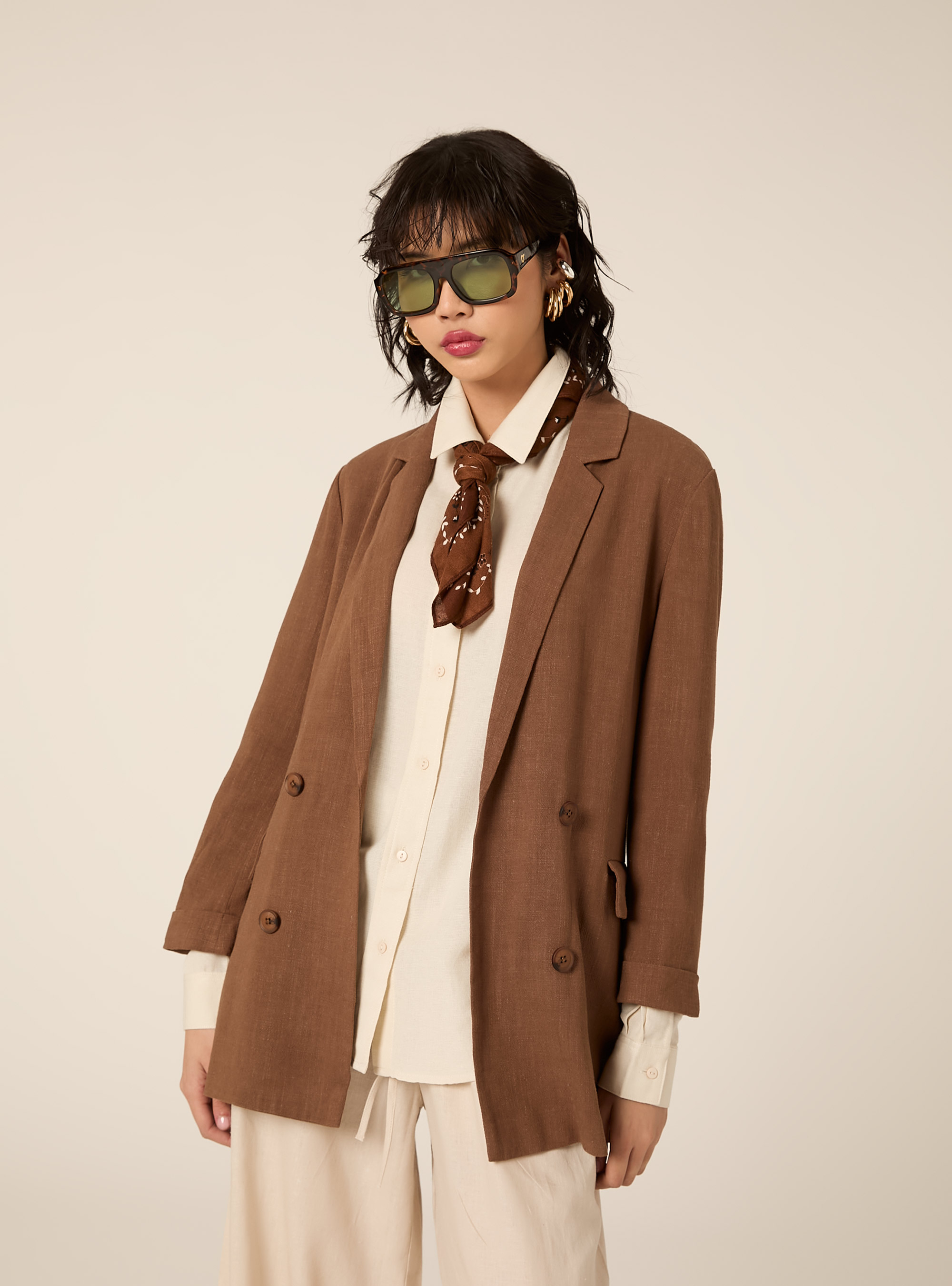 Blazer cruzado de mezcla de lino, BR3 BROWN LIGHT