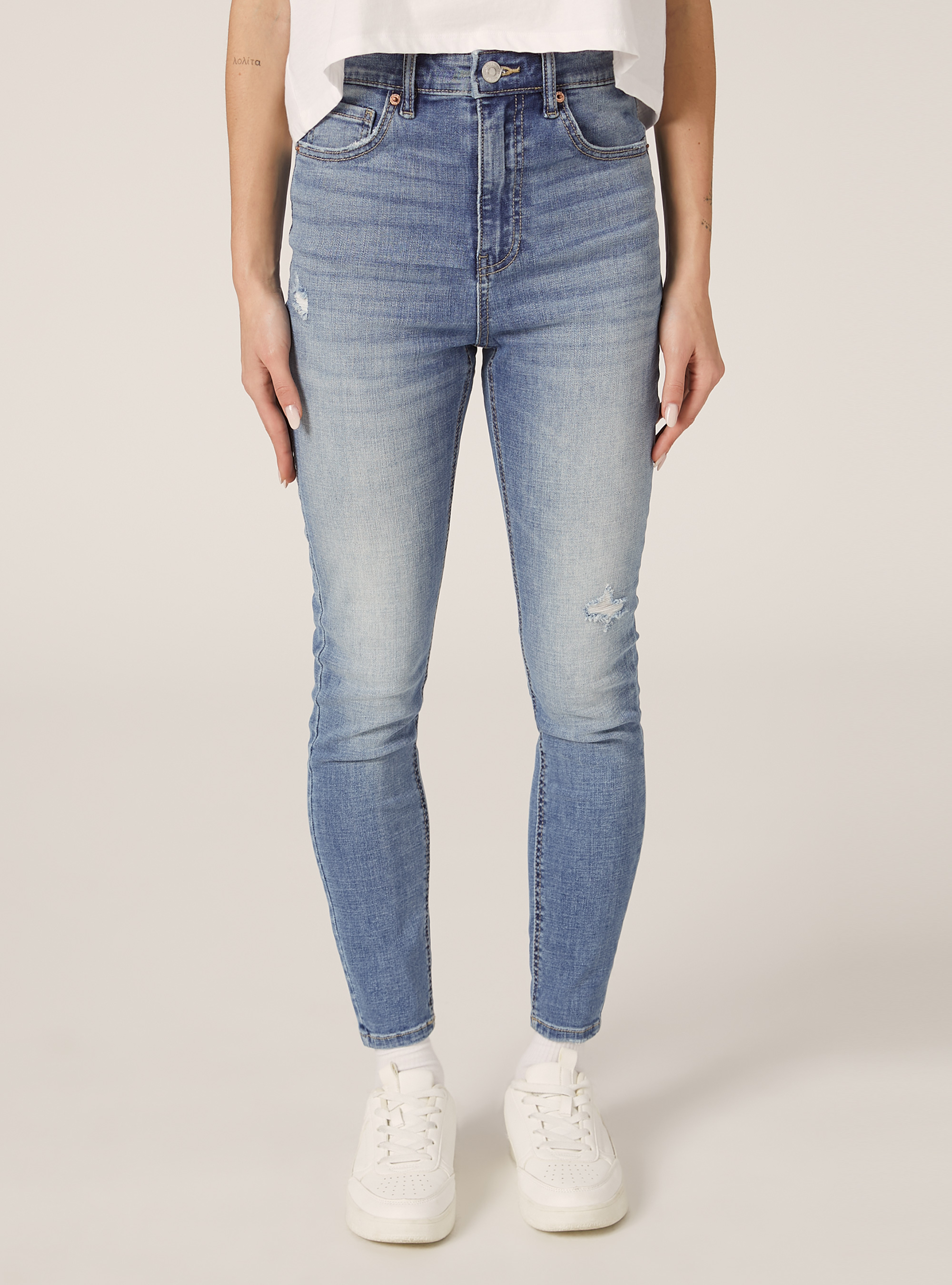 Jeans skinny taille tr&egrave;s haute, D004 MEDIUM LIGHT BLUE