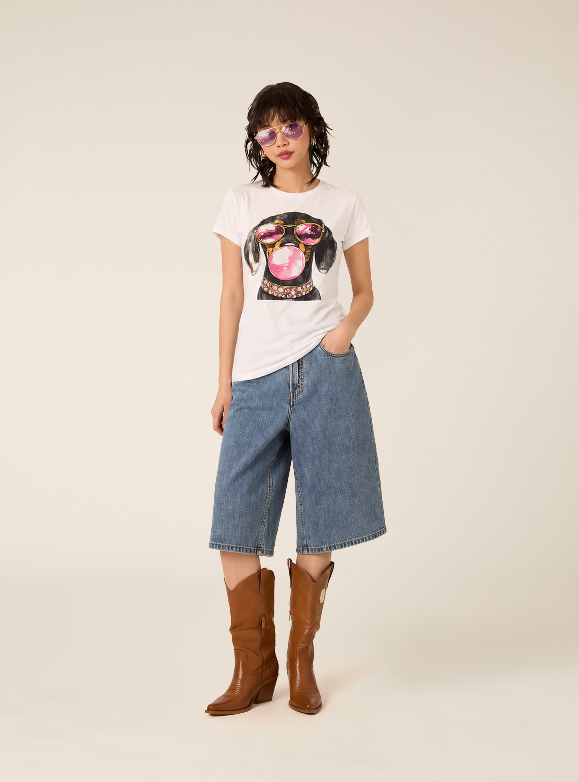 T-shirt regular con stampa cane, WH3 WHITE