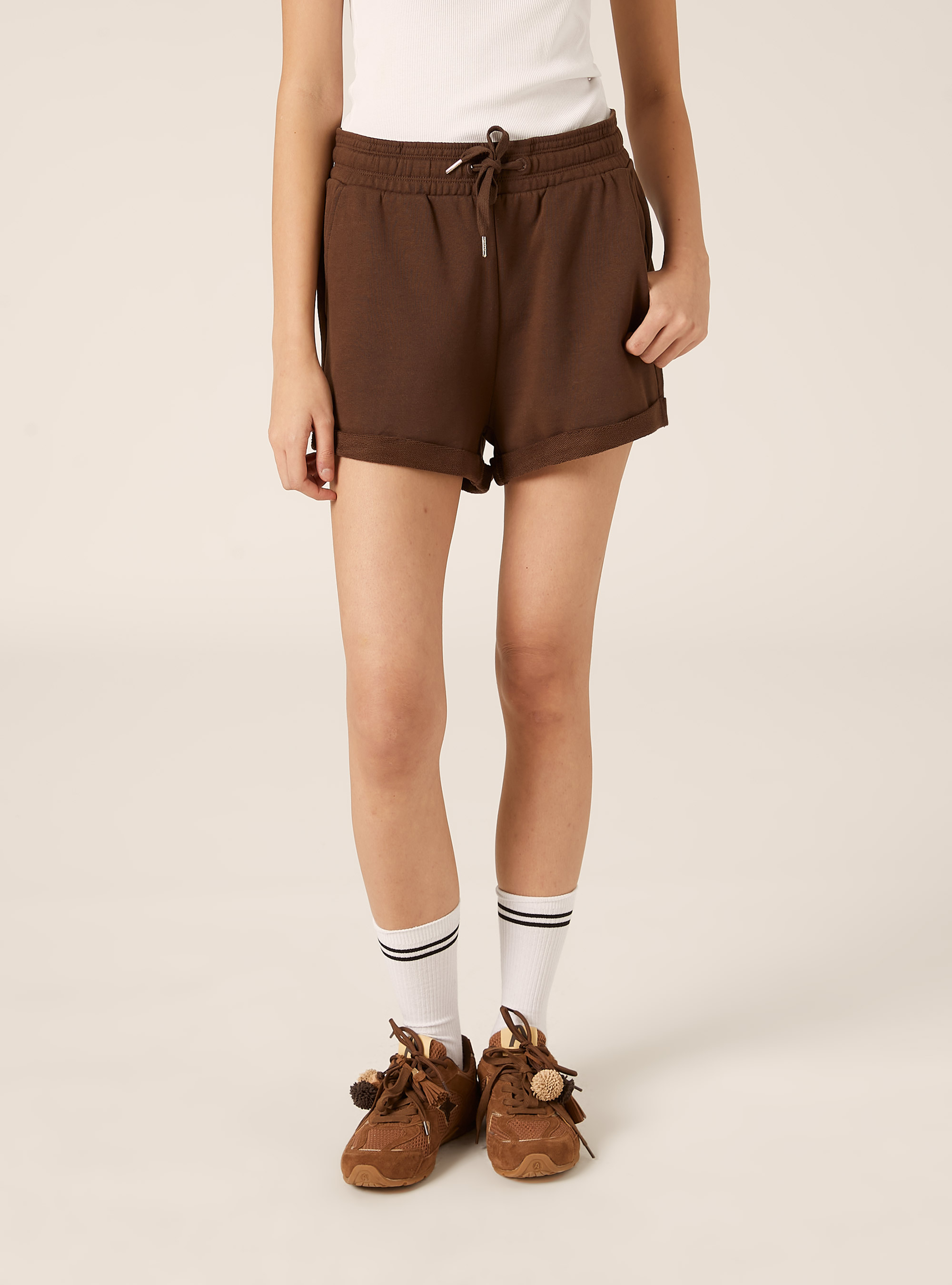 Short en Molleton de Coton avec Taille &Eacute;lastique, BR2 BROWN MEDIUM