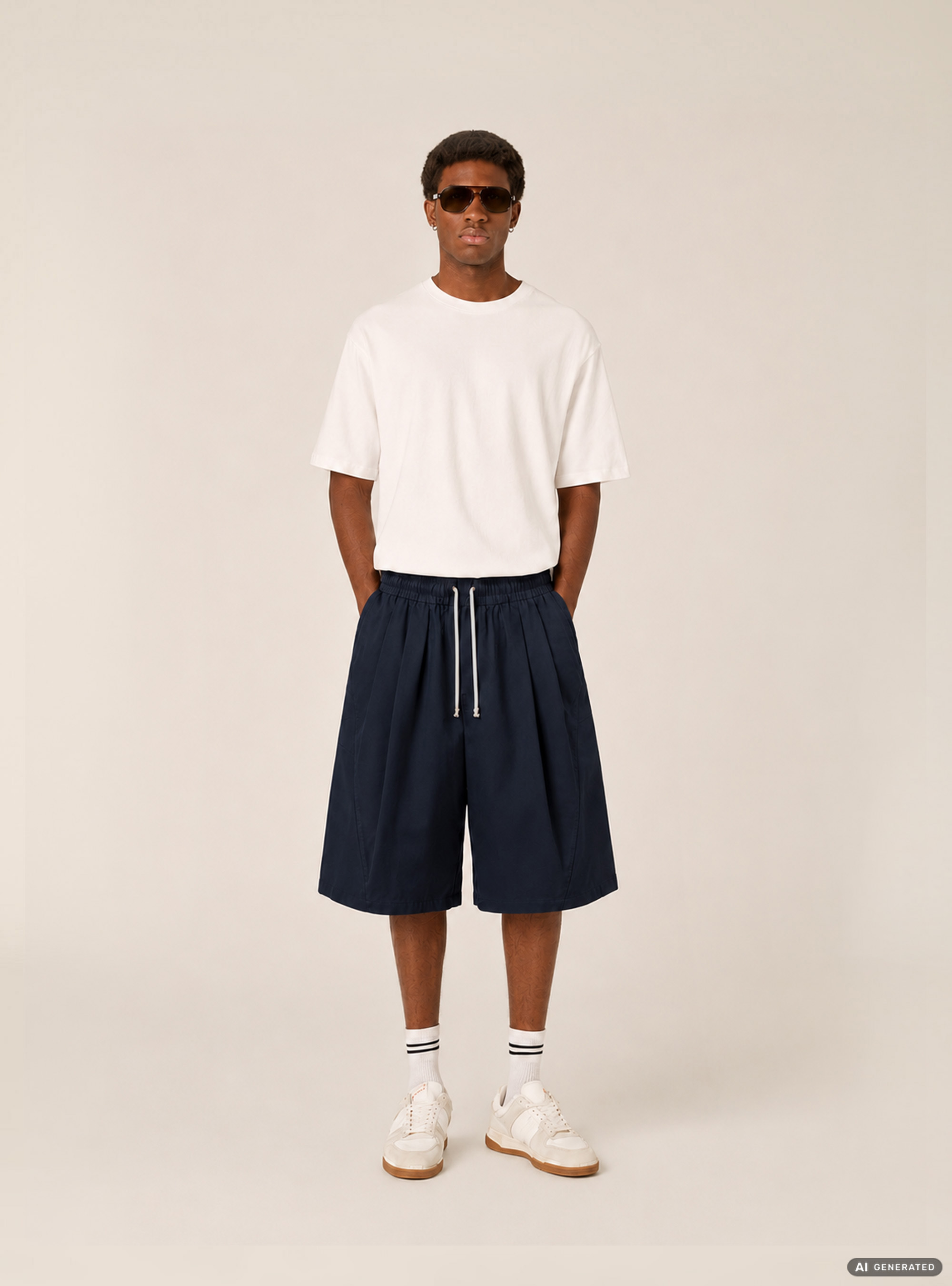 Bermuda baggy con pince misto cotone, NA1 NAVY DARK