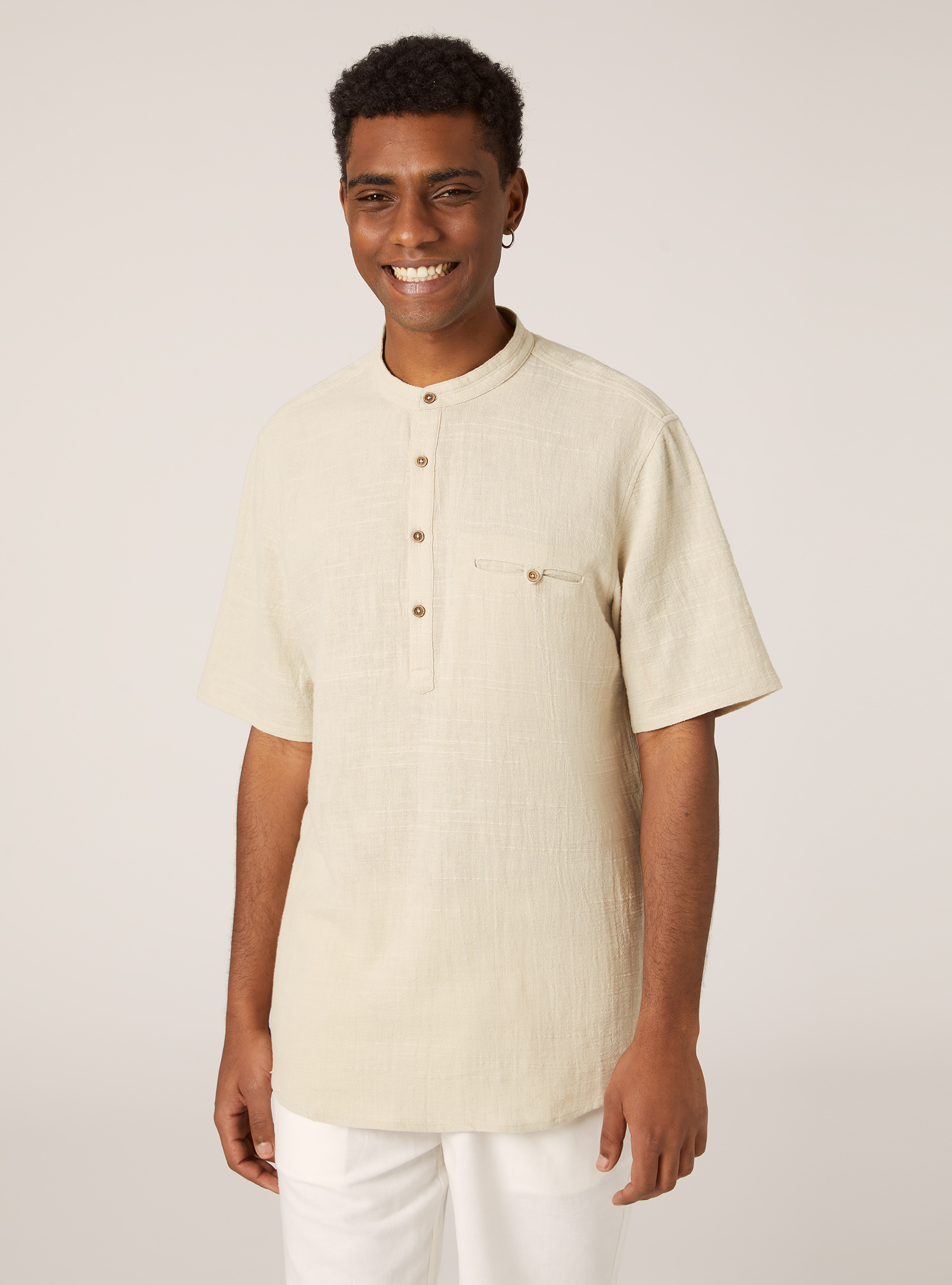 Camisa de mezcla de lino con cuello coreano, BG3 BEIGE LIGHT