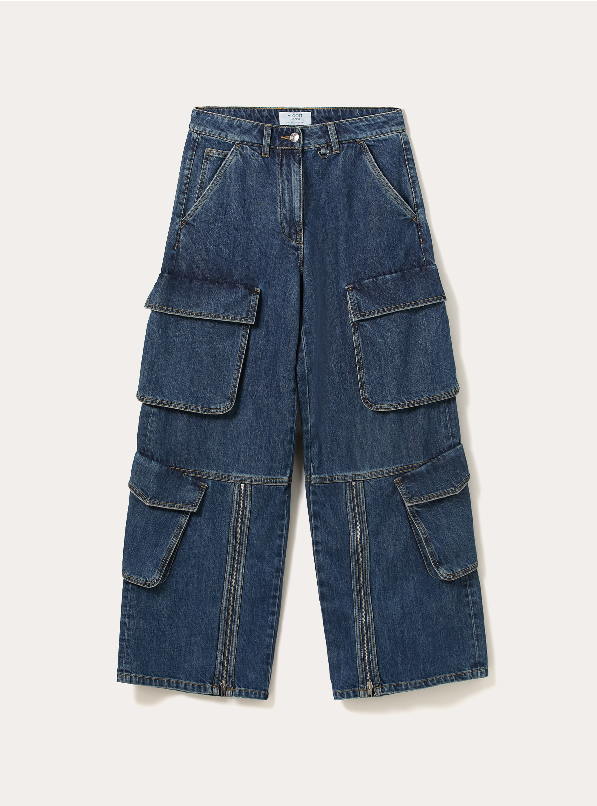 Jeans cargo con dettagli zip, D003 MEDIUM BLUE