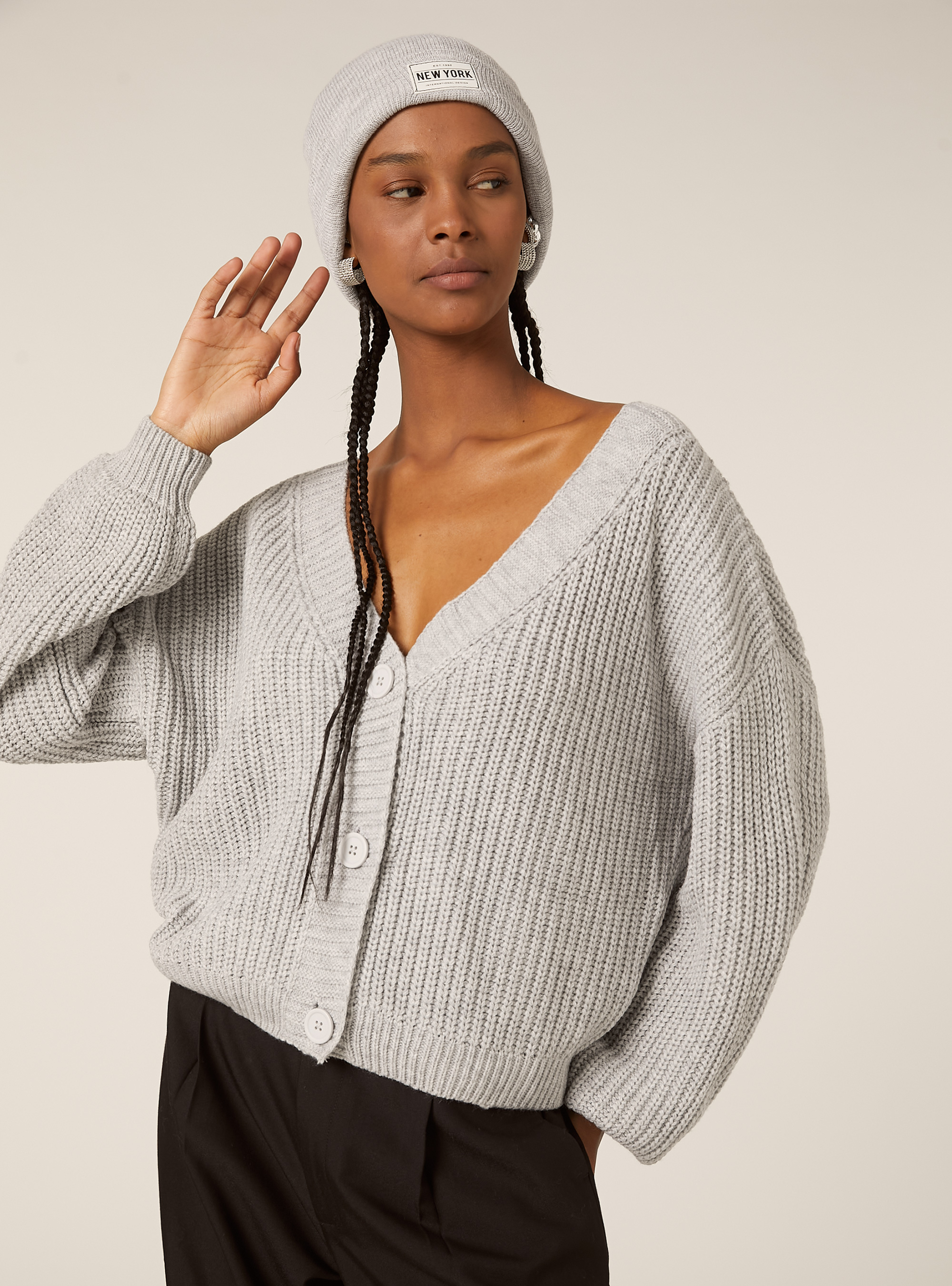 Cardigan en maille &agrave; encolure en V, MGY2 GREY MEL MEDIUM