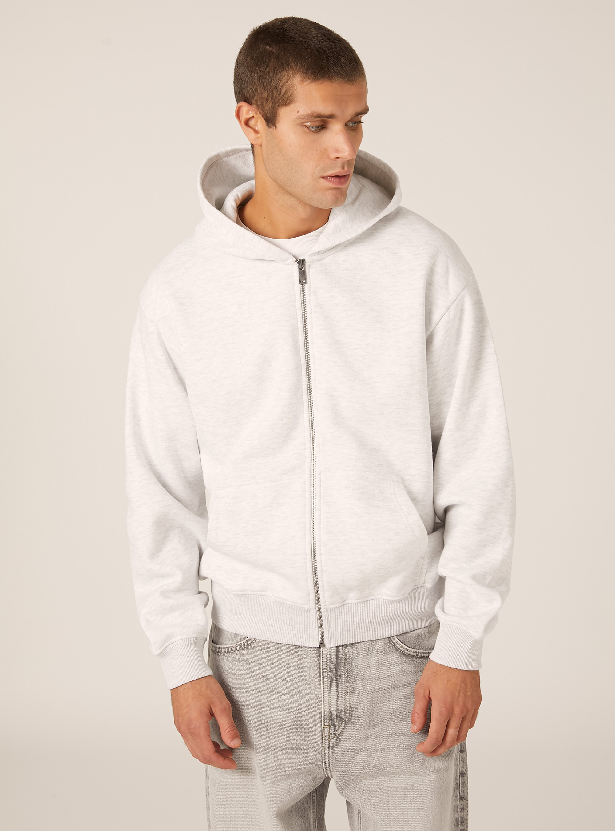 Sweat-shirt zipp&eacute; &agrave; capuche coupe boxy, MGY3 GREY MEL LIGHT