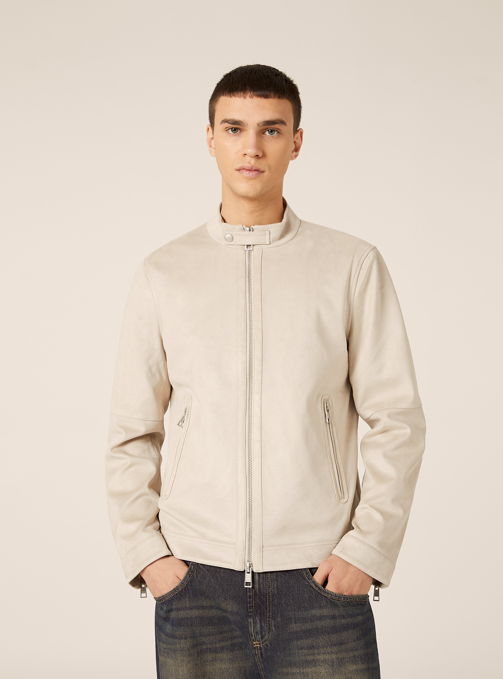 Suede-effect biker jacket, CR3 CREAM LIGHT