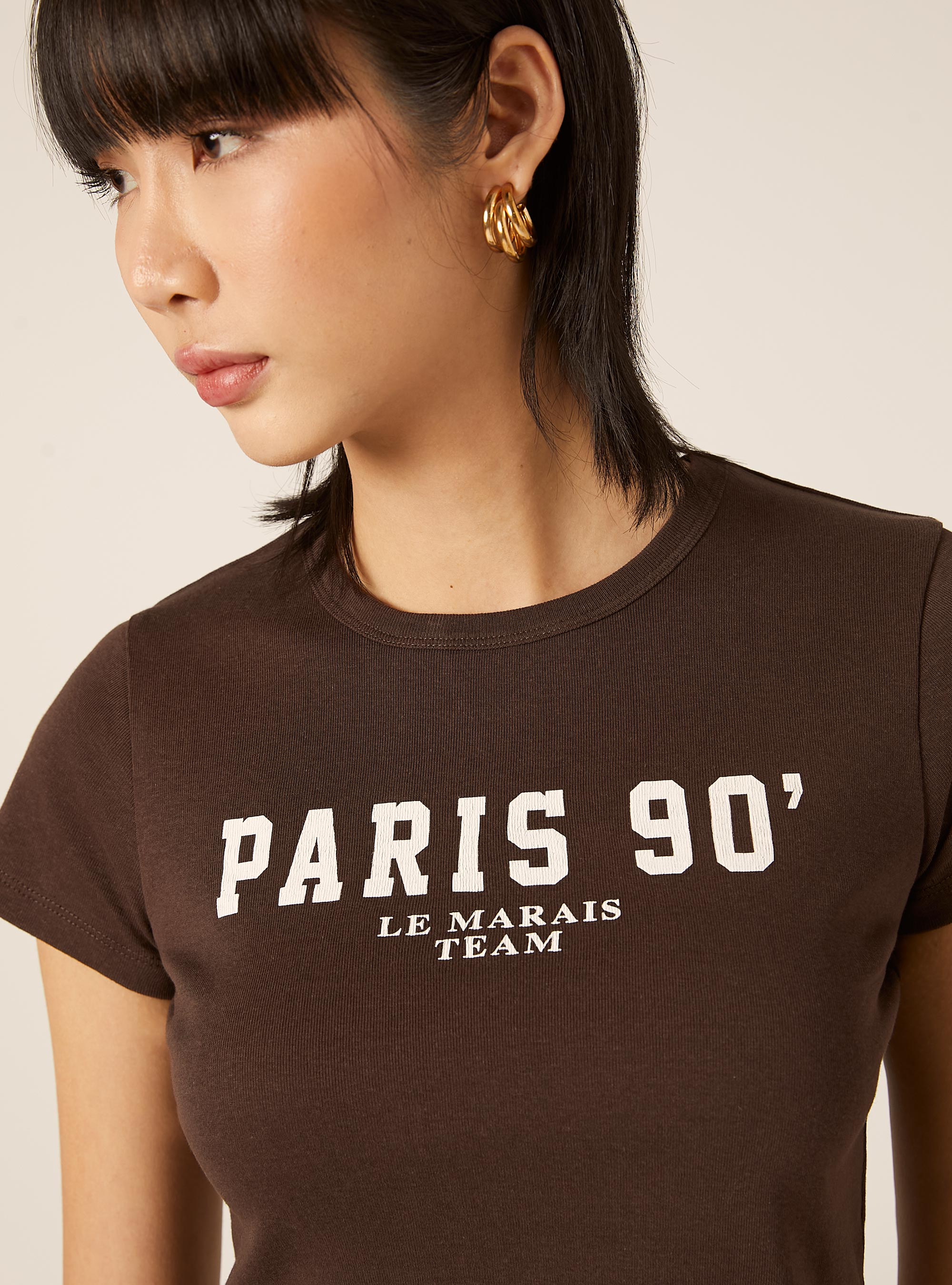 Cropped Short Sleeve Varsity Graphic T-Shirt, BR1 BROWN DARK