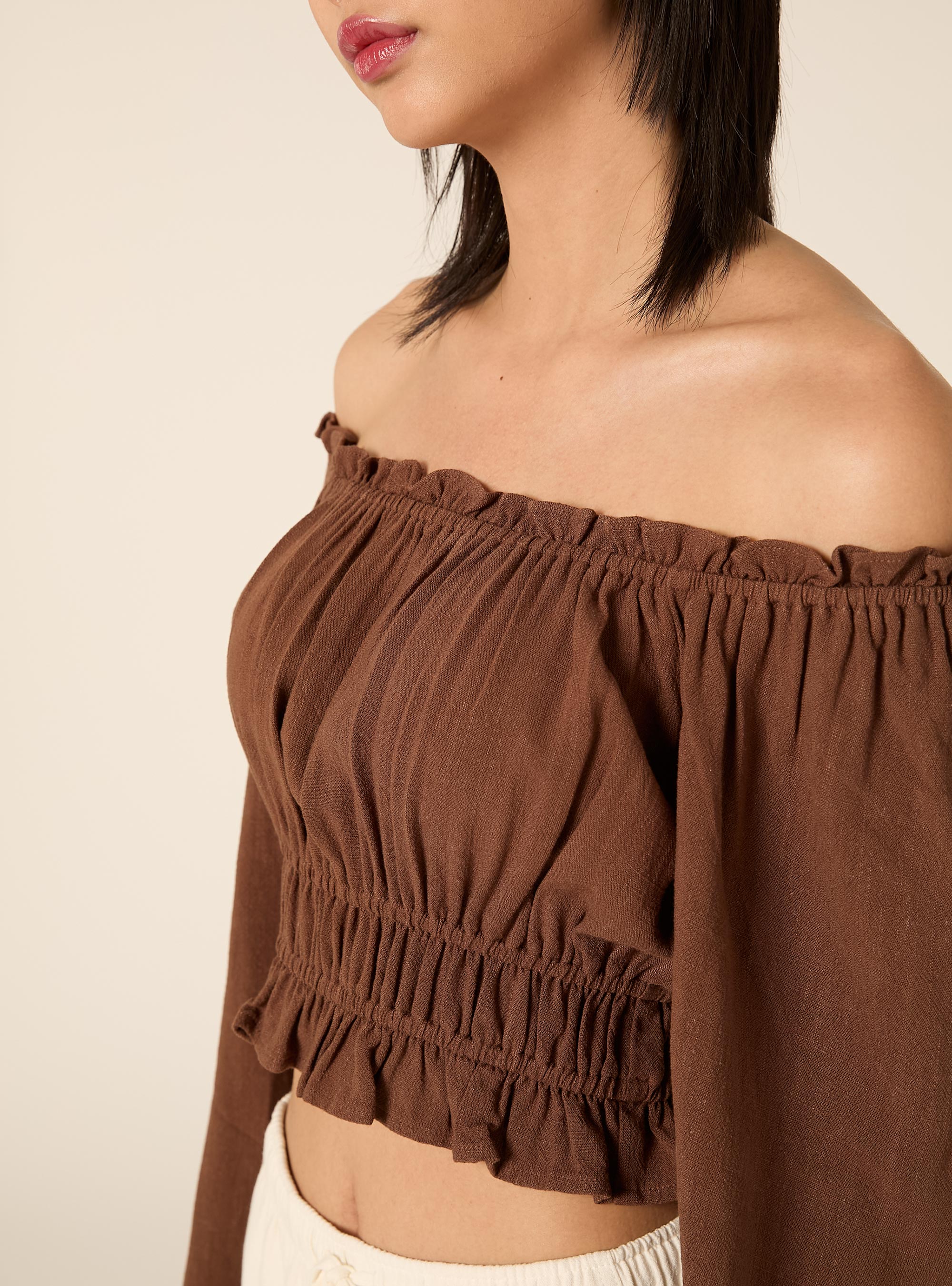 Boho-Bluse aus Leinenmischgewebe, BR2 BROWN MEDIUM