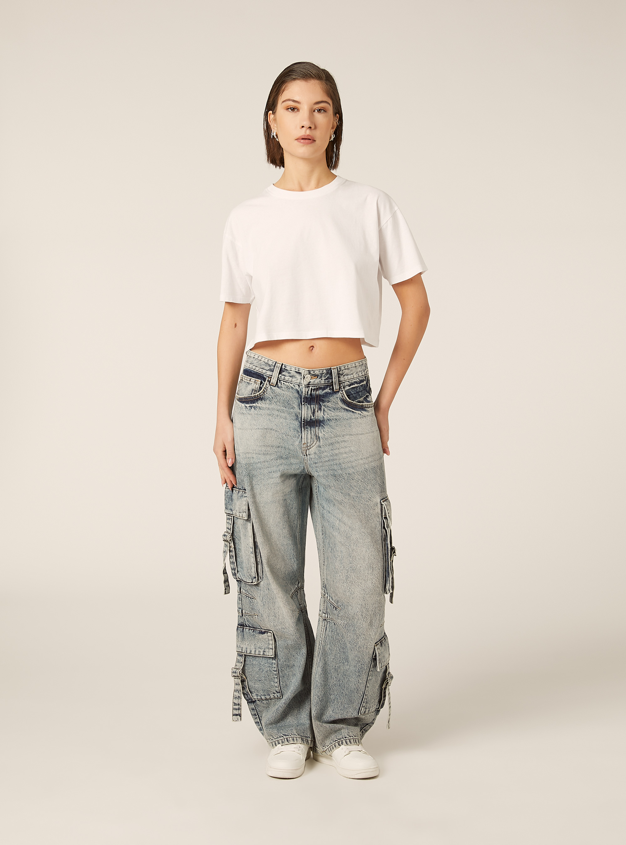 Baggy-fit cargo jeans with drawstrings, D006 AZURE