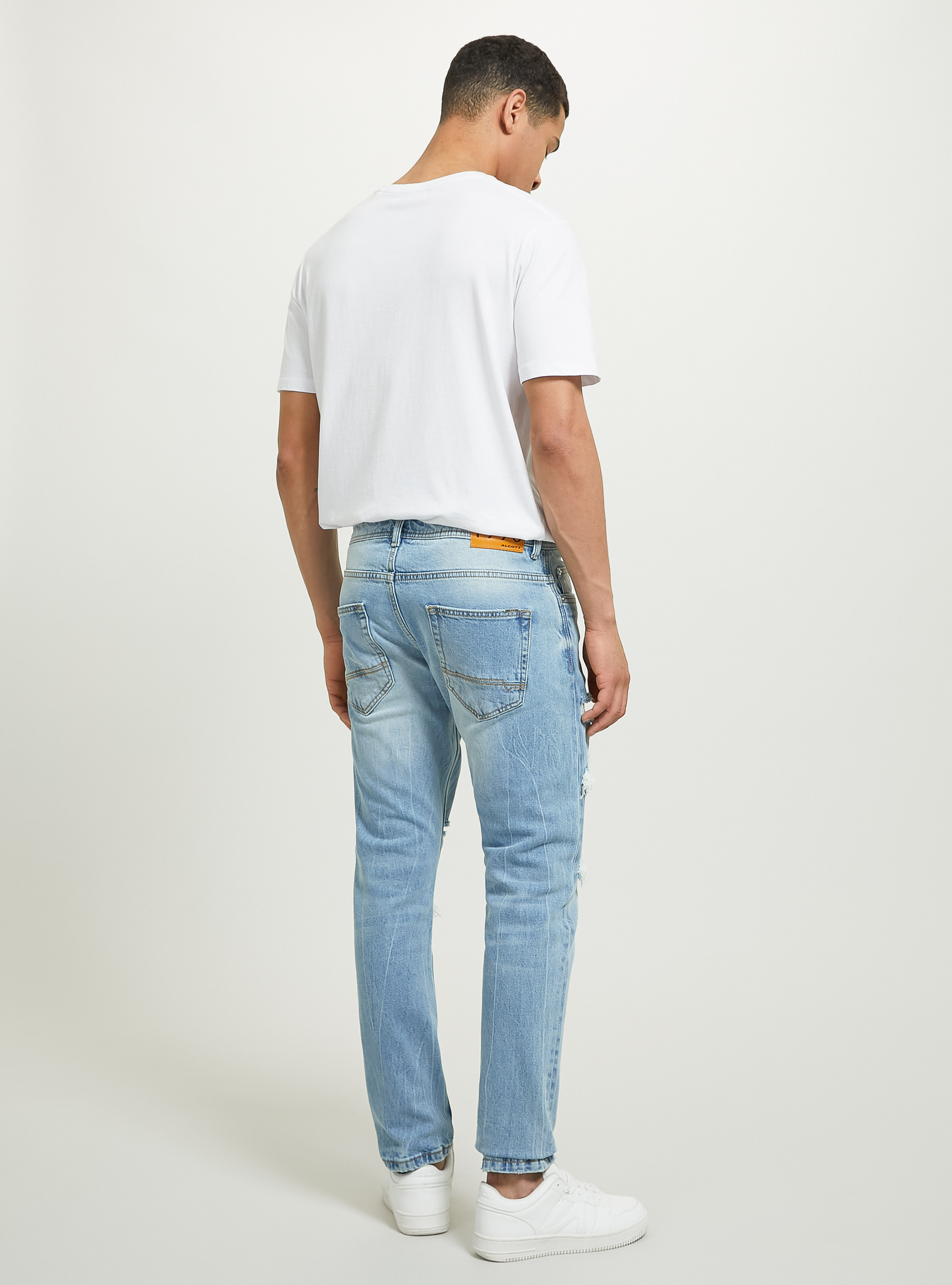 Jean slim en denim stretch avec d&eacute;chirures, D004 MEDIUM LIGHT BLUE