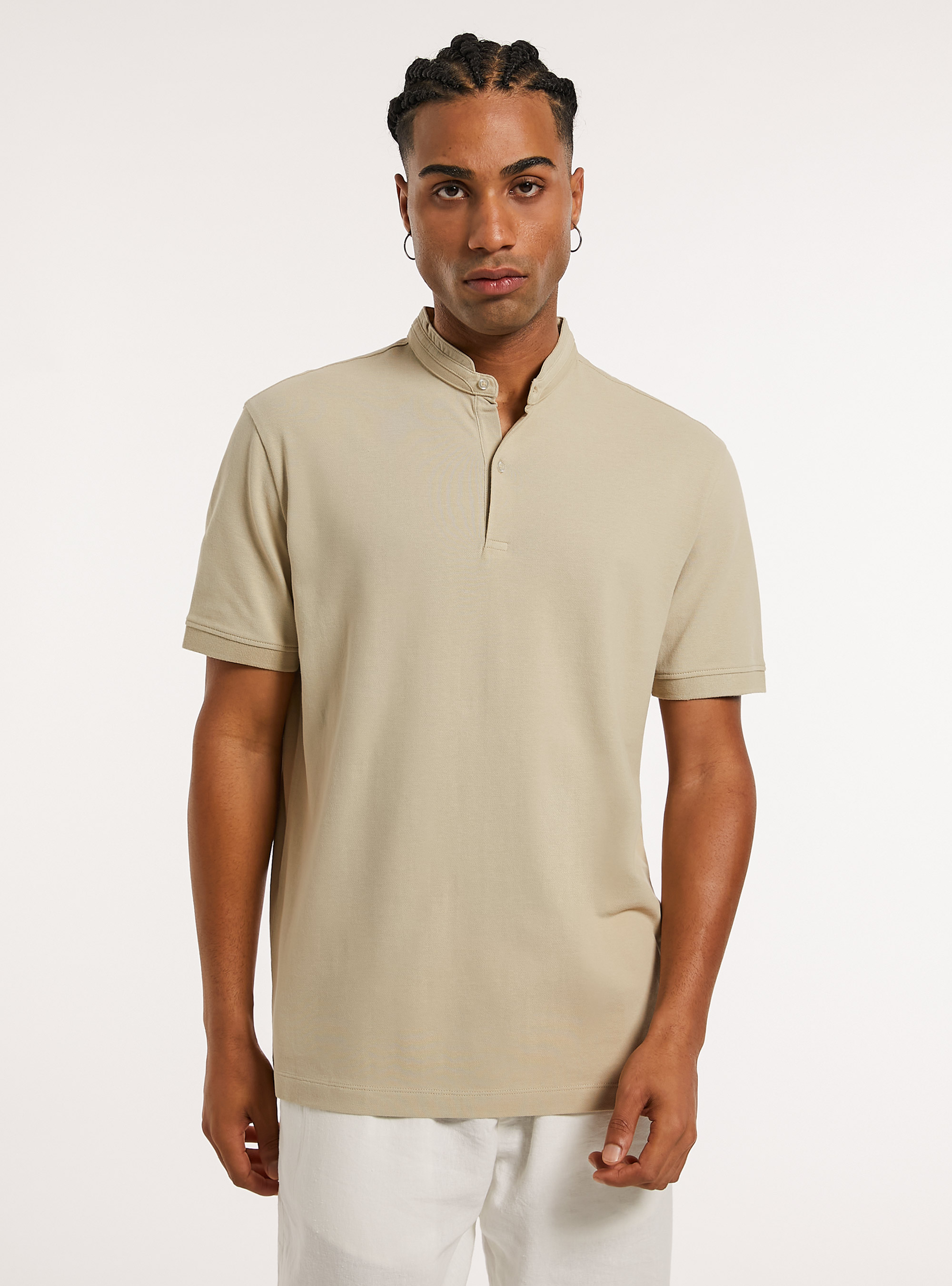Polo en Coton &agrave; Col Officier, BG2 BEIGE MEDIUM