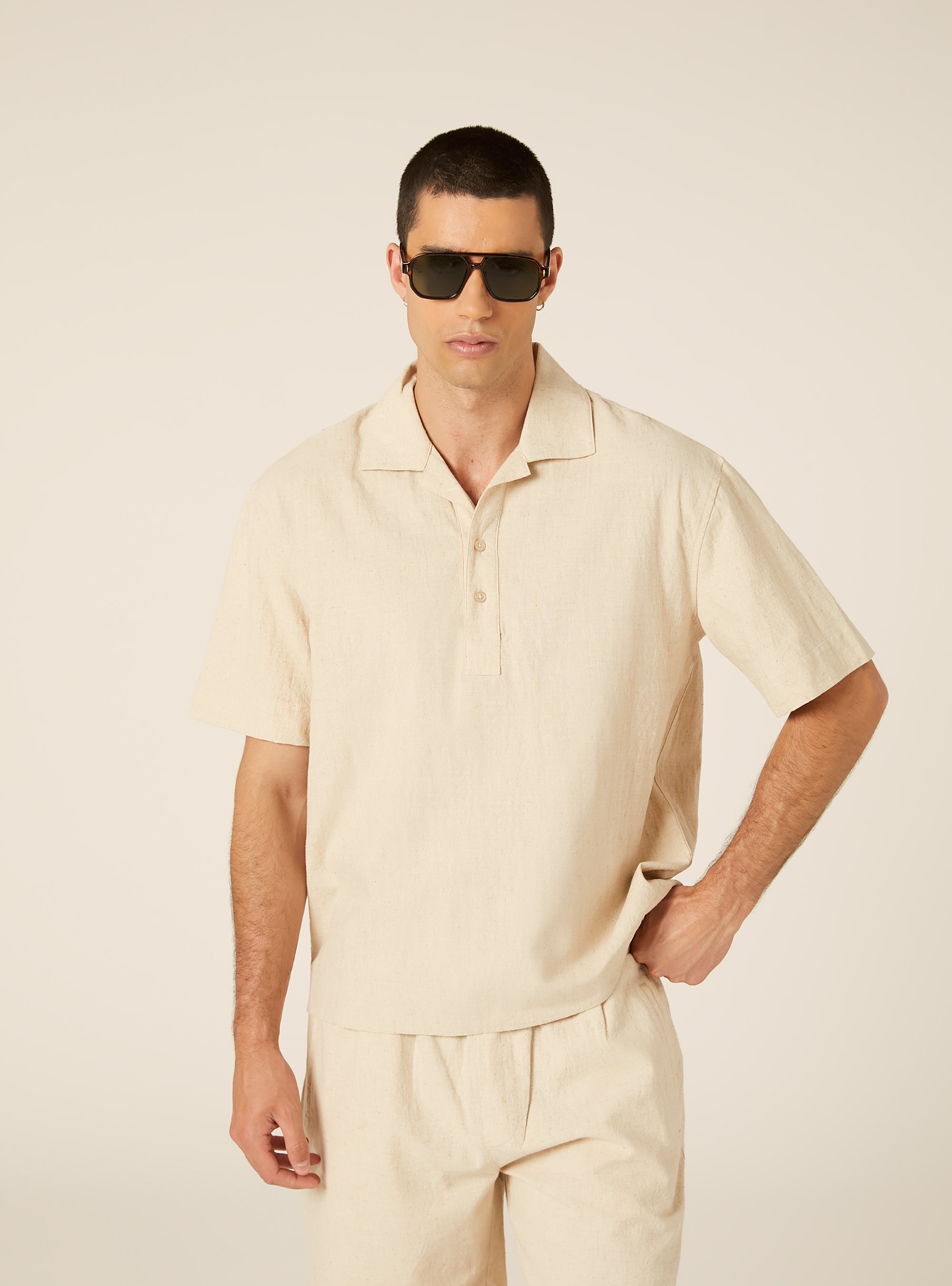 Polo Camicia in Misto Lino, BEIGE MEDIO MELANGE