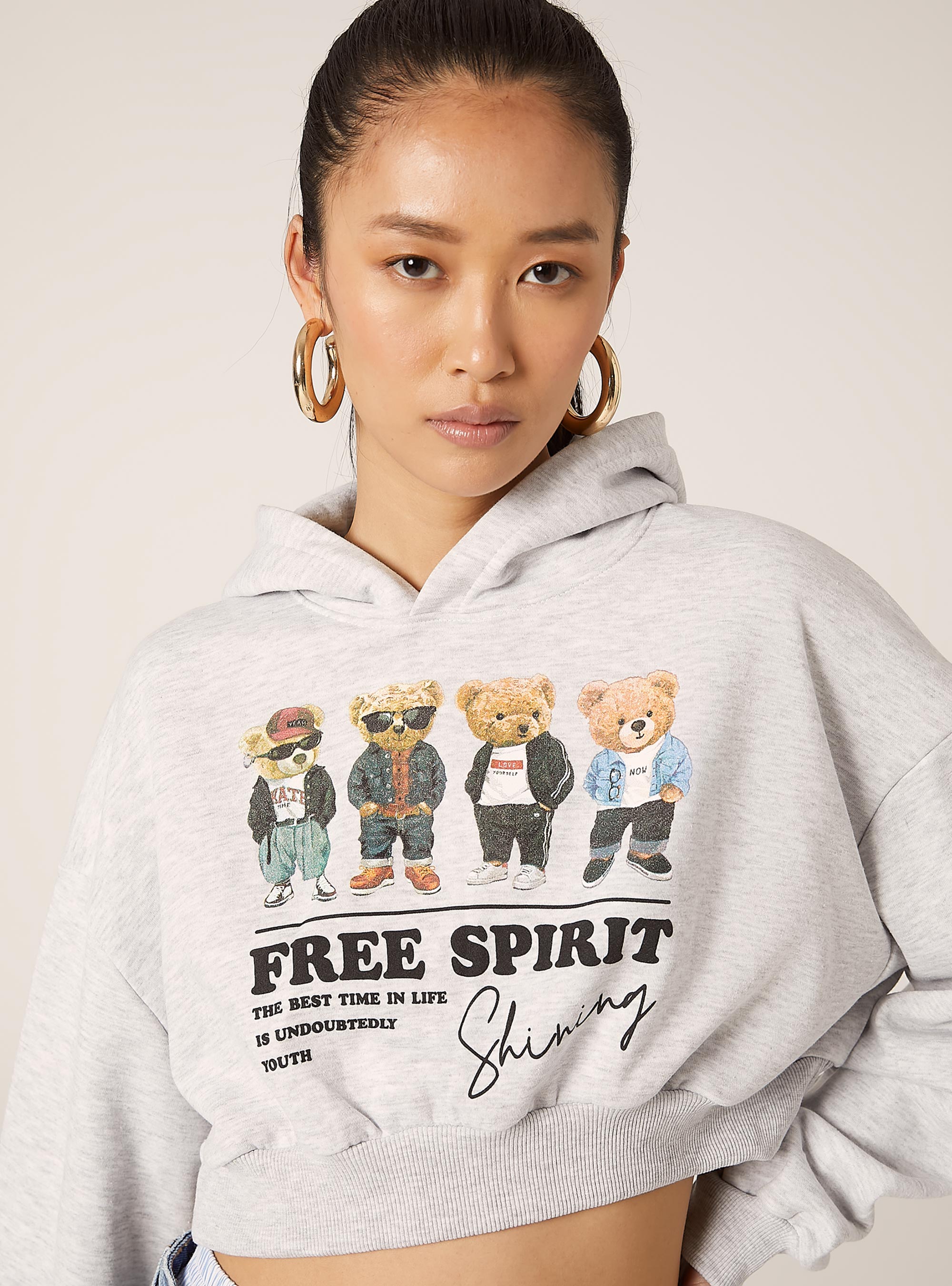 Sweatshirt coupe courte avec imprim&eacute; Teddy, MGY3 GREY MEL LIGHT