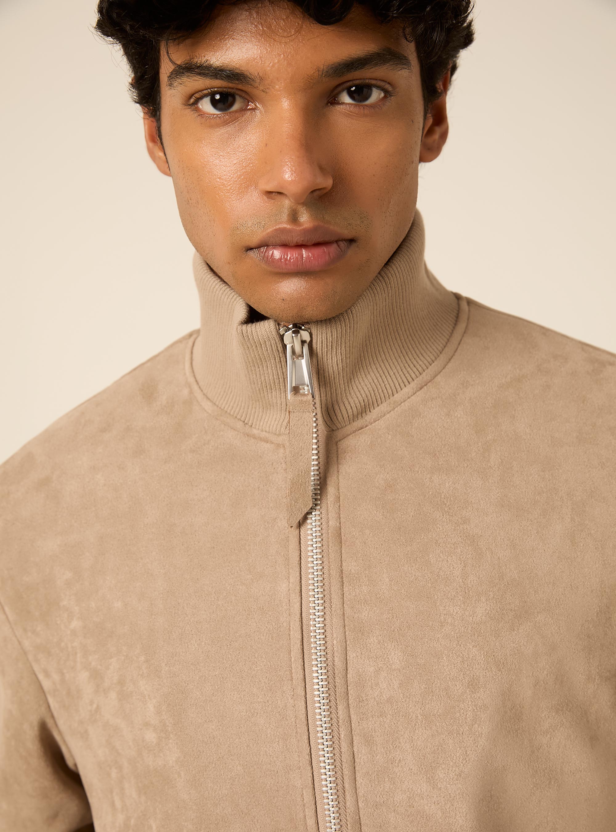 Faux suede high neck zip jacket, SA2 SAND MEDIUM