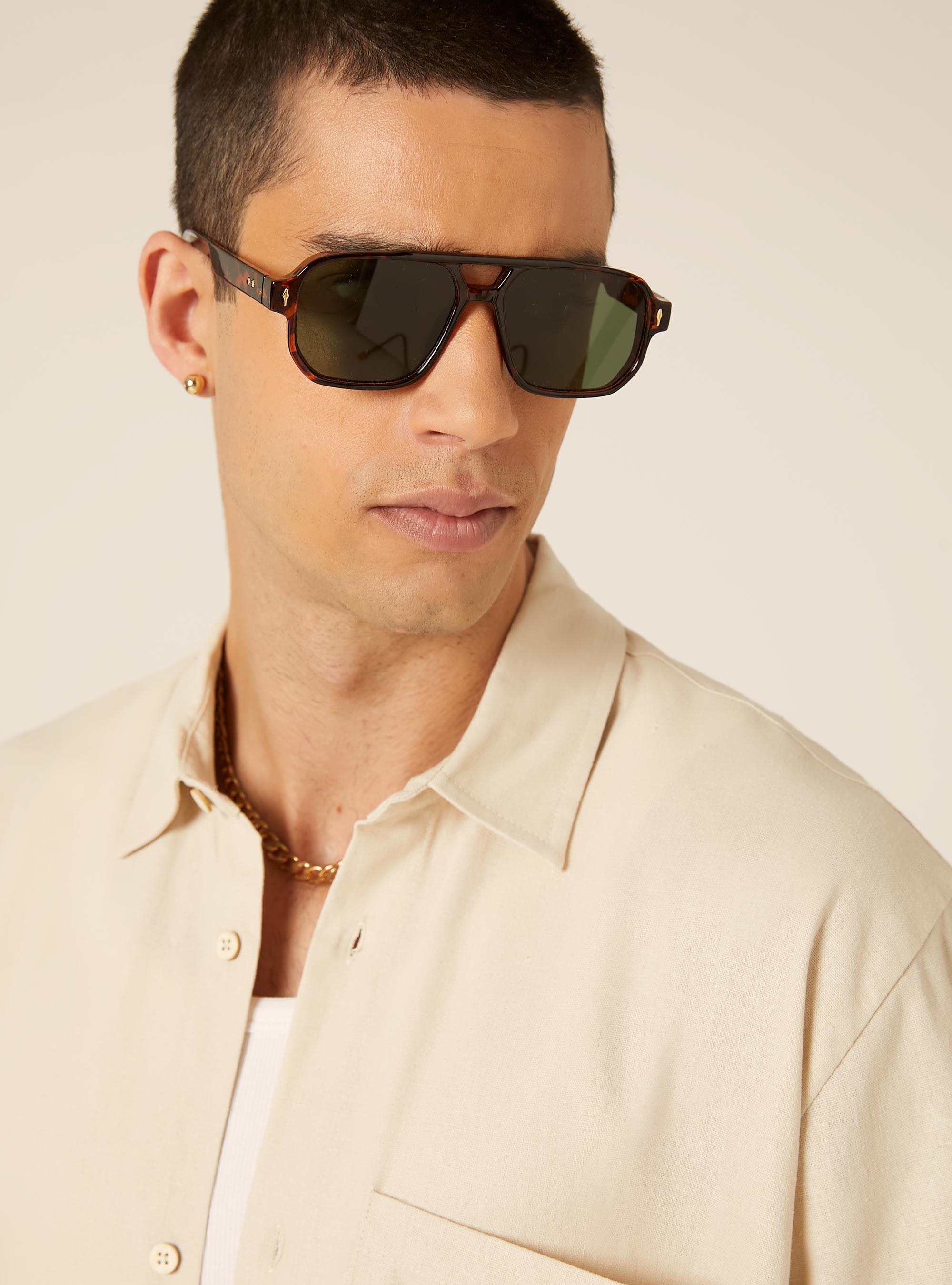 Camicia in misto lino con taschino, BEIGE MEDIO