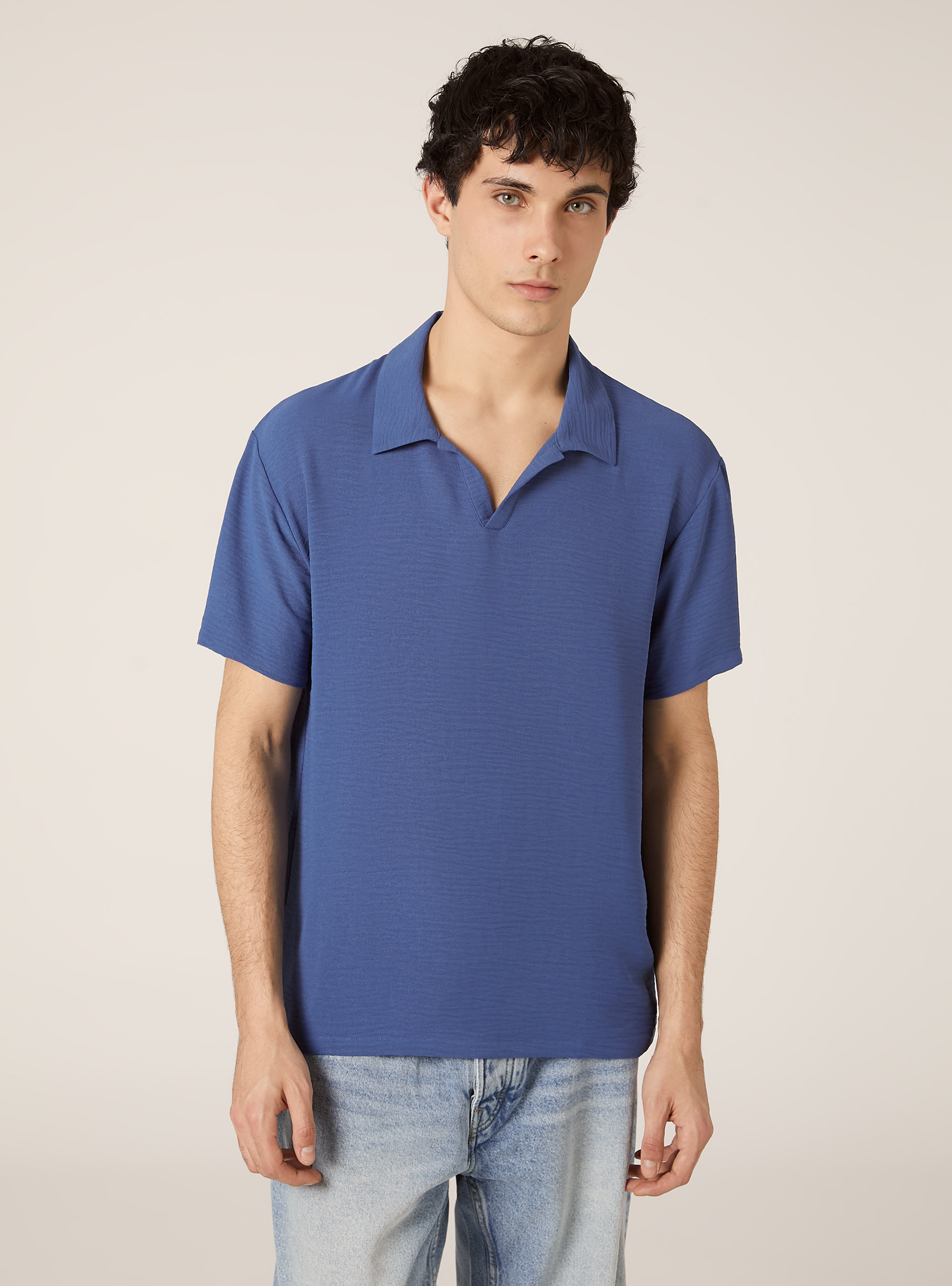Polo en crepe &agrave; col ouvert, BL1 BLUE DARK